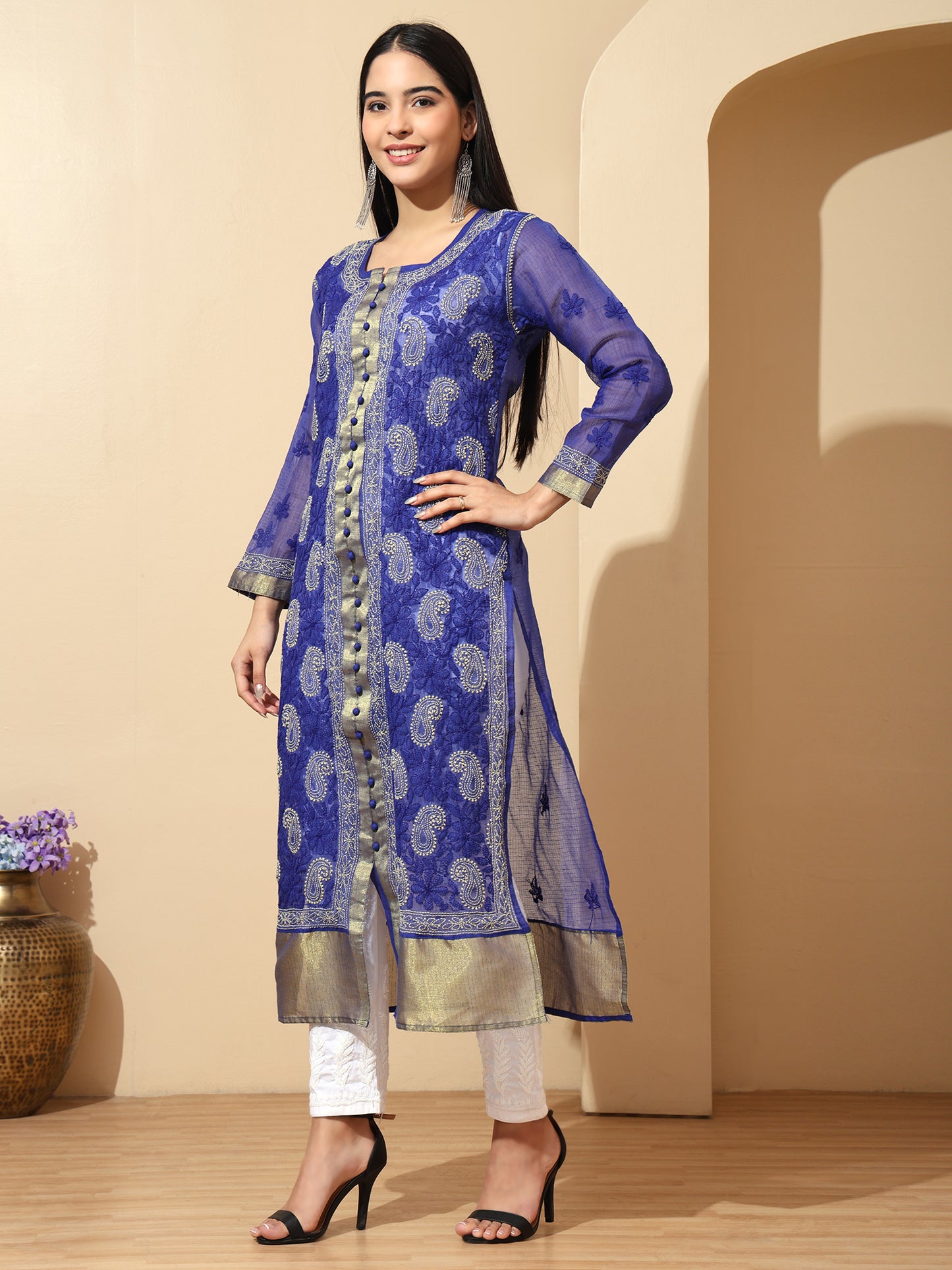 Blue Kota Chanderi Lucknowi Chikankari Long Kurta for Women with Hand Embroidery – Handmade Ethnic Wear Kurti