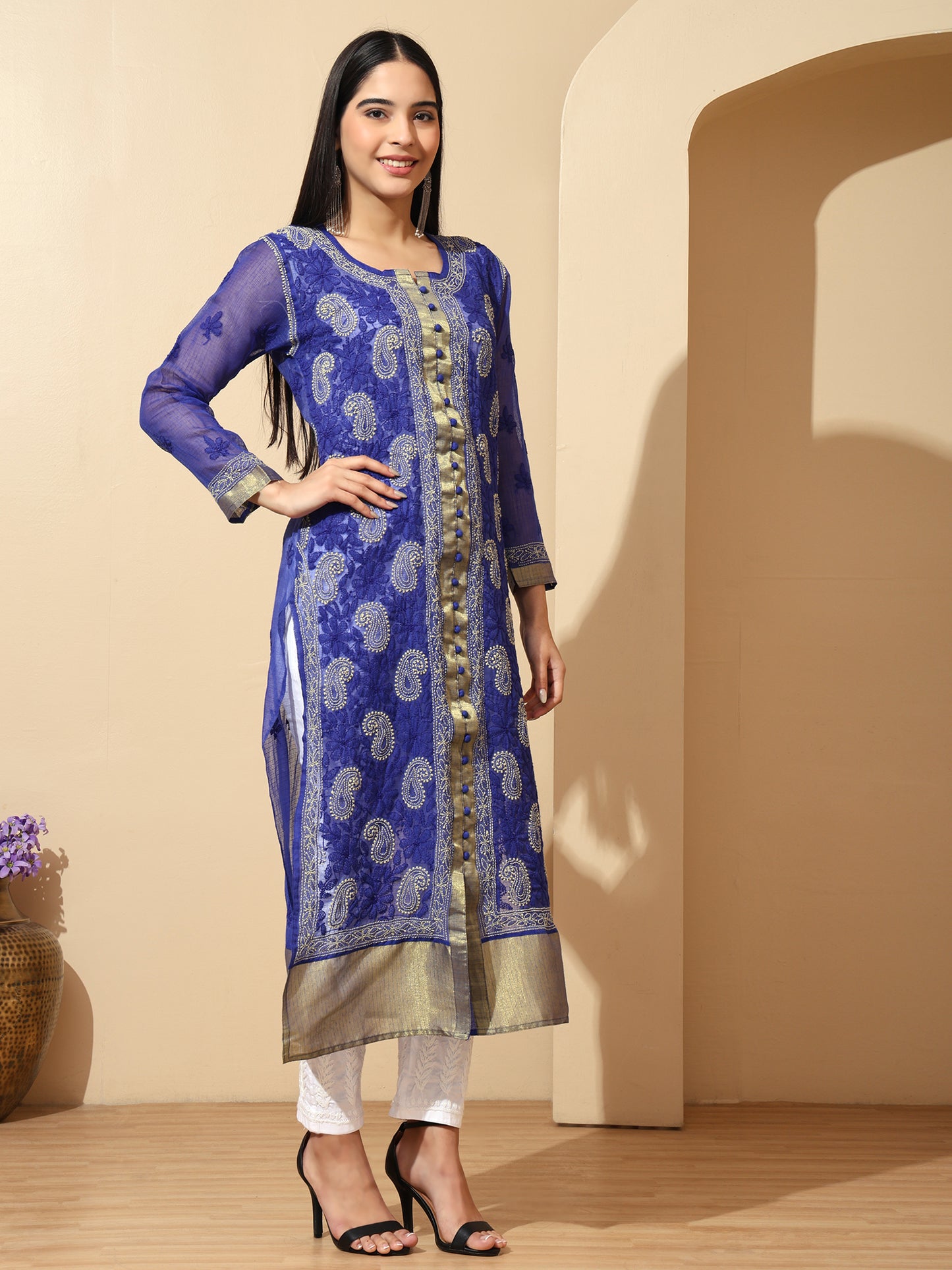 Blue Kota Chanderi Lucknowi Chikankari Long Kurta for Women with Hand Embroidery – Handmade Ethnic Wear Kurti