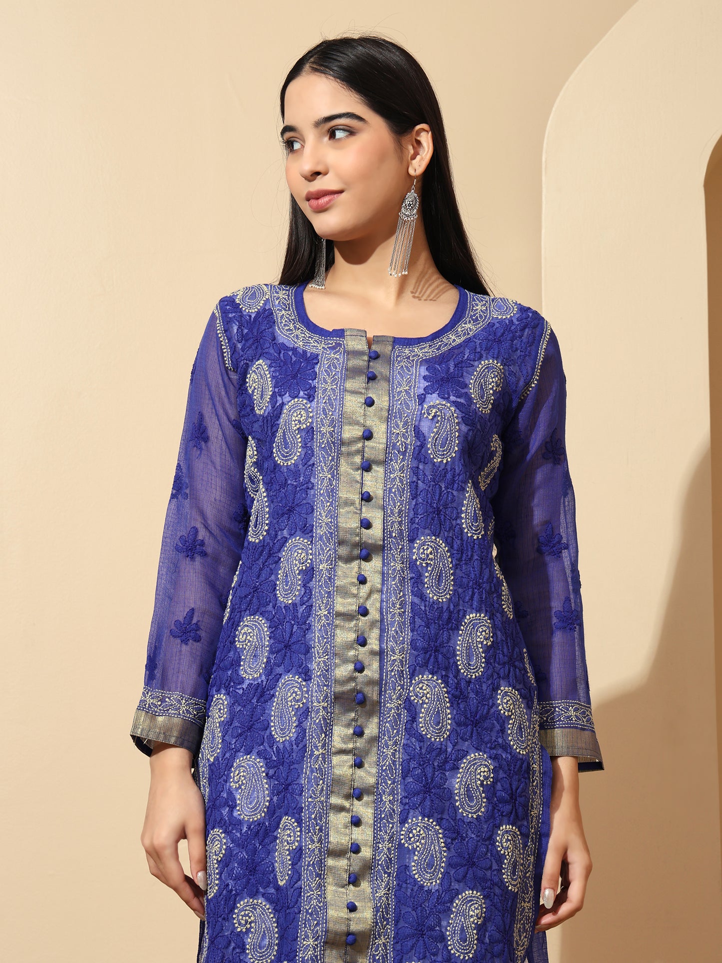 Blue Kota Chanderi Lucknowi Chikankari Long Kurta for Women with Hand Embroidery – Handmade Ethnic Wear Kurti