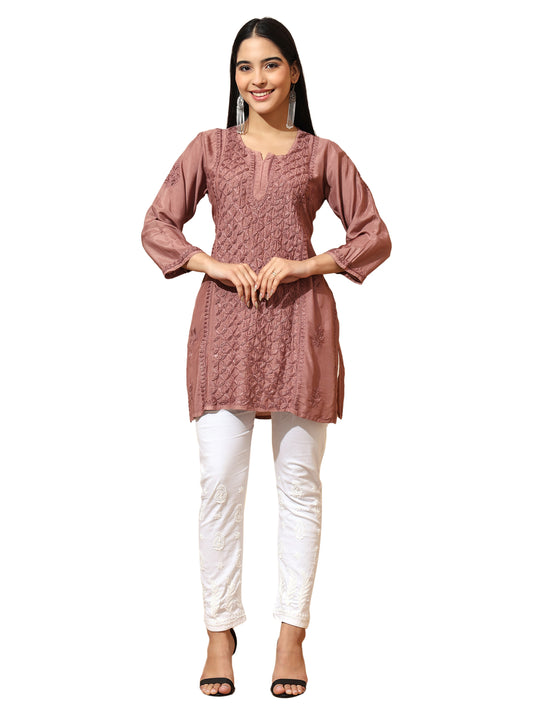 Brown Muslin Lucknowi Chikankari Straight Kurti for Women with Hand Embroidery – Ethnic Wear Kurta