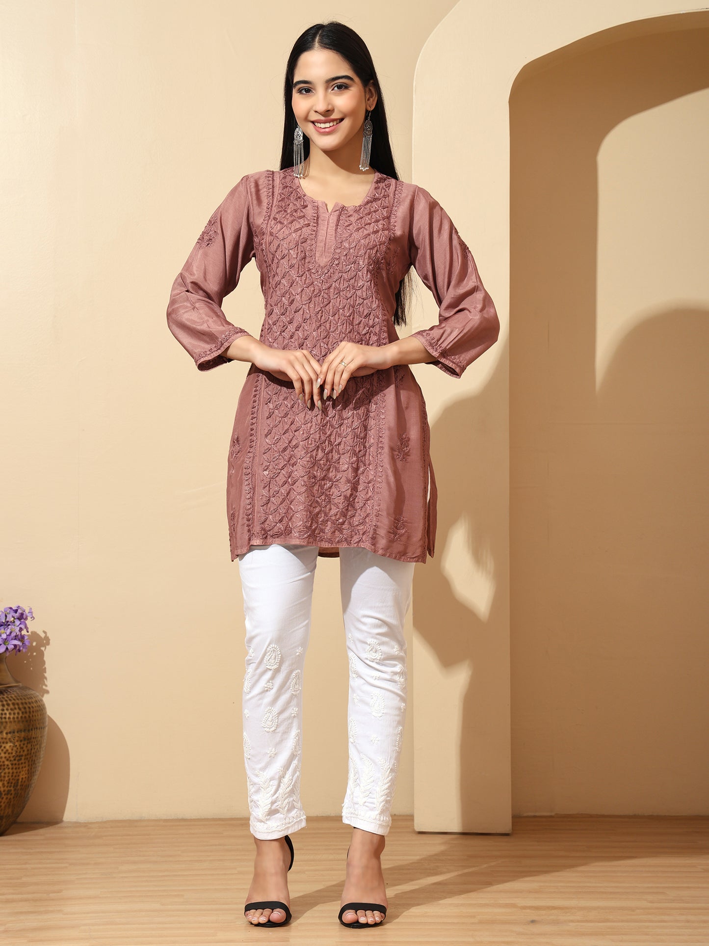 Brown Muslin Lucknowi Chikankari Straight Kurti for Women with Hand Embroidery – Ethnic Wear Kurta