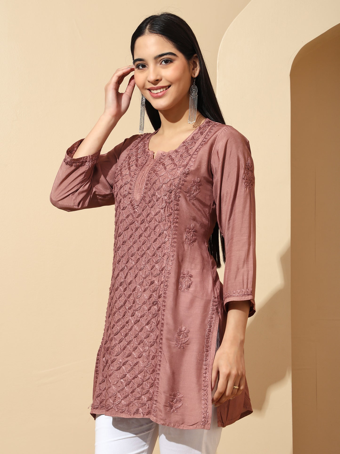 Brown Muslin Lucknowi Chikankari Straight Kurti for Women with Hand Embroidery – Ethnic Wear Kurta
