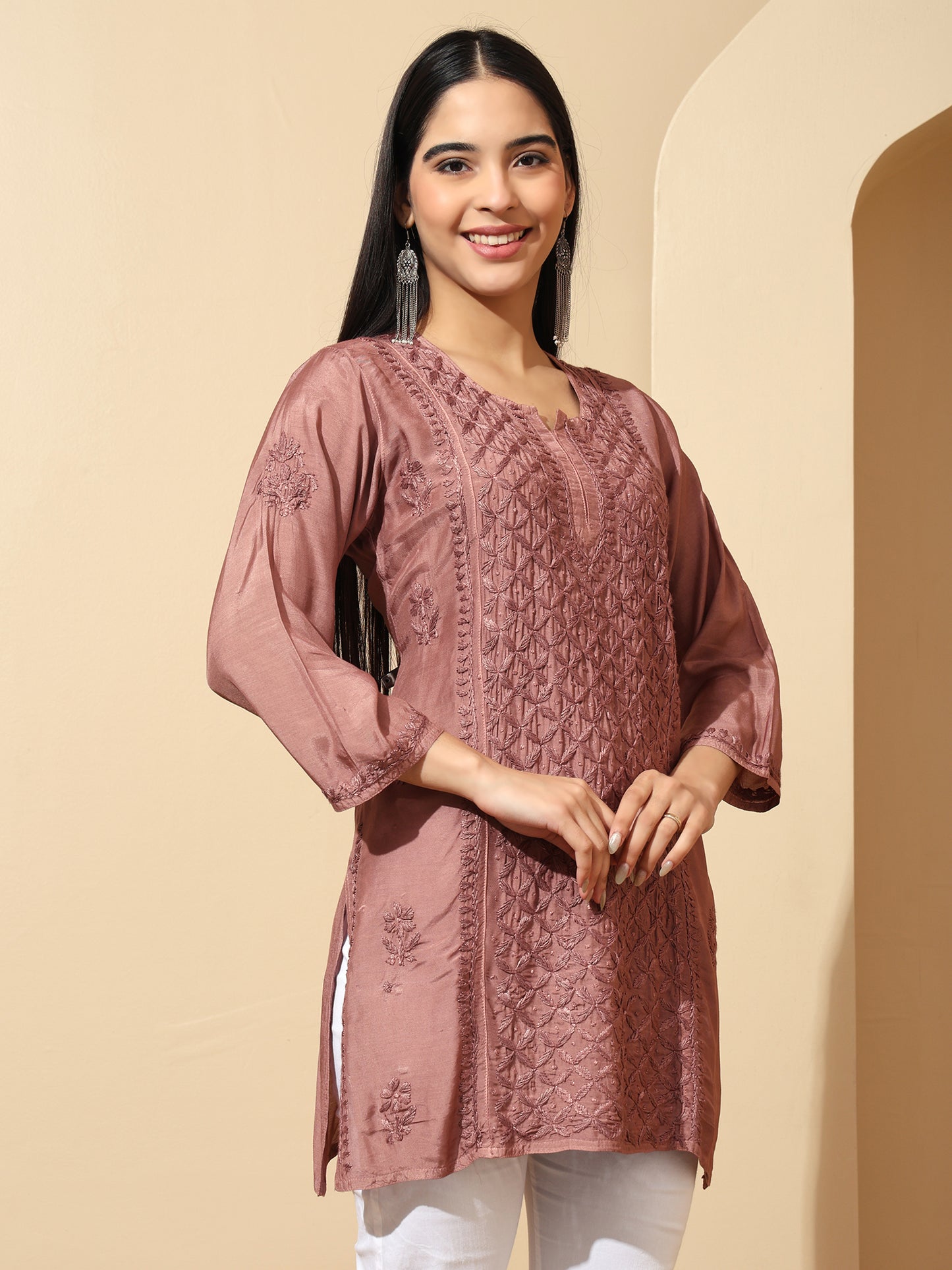 Brown Muslin Lucknowi Chikankari Straight Kurti for Women with Hand Embroidery – Ethnic Wear Kurta