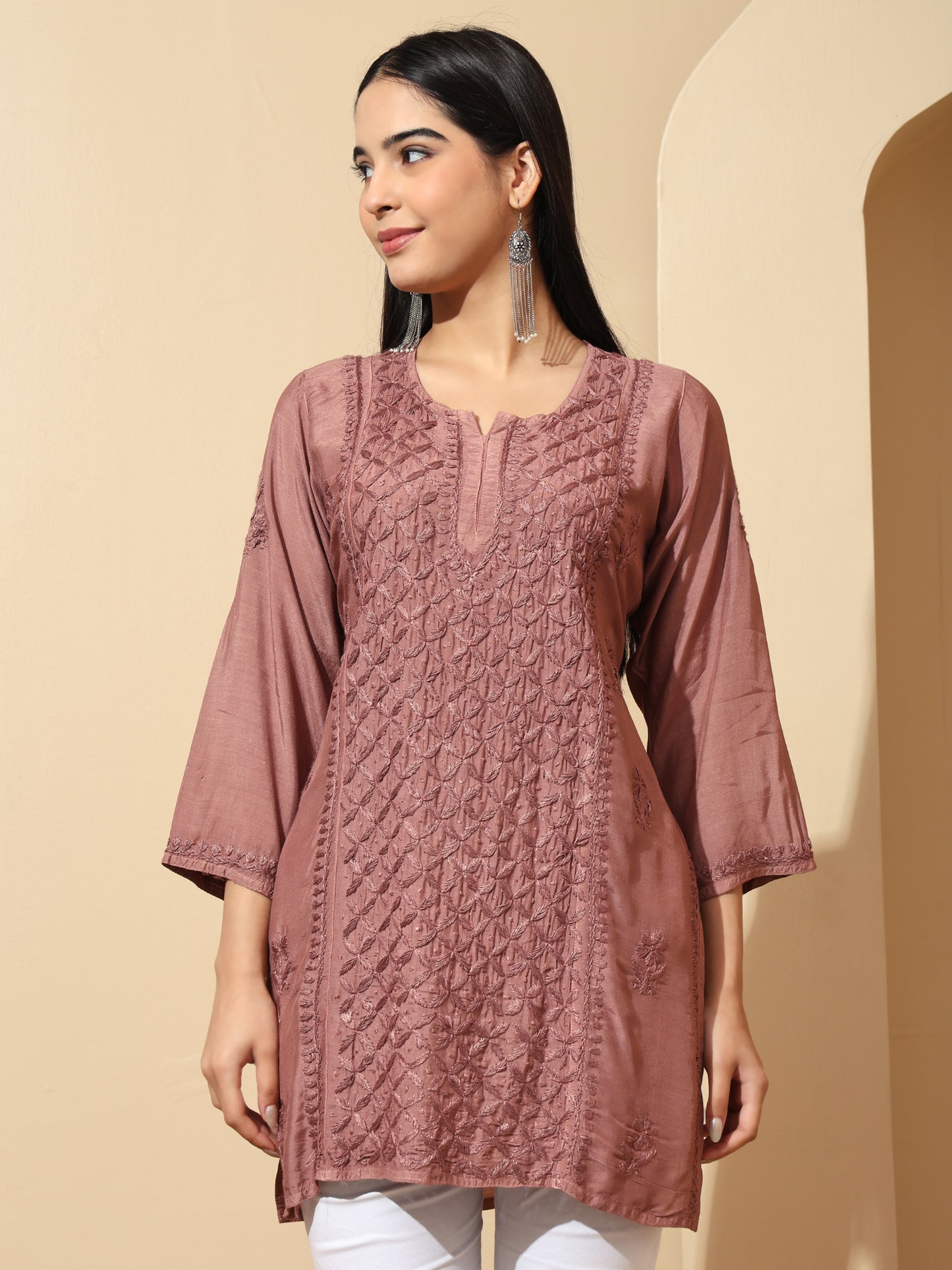 Brown Muslin Lucknowi Chikankari Straight Kurti for Women with Hand Embroidery – Ethnic Wear Kurta
