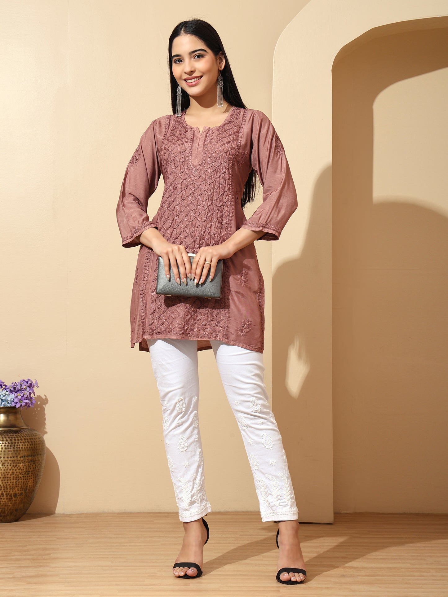 Brown Muslin Lucknowi Chikankari Straight Kurti for Women with Hand Embroidery – Ethnic Wear Kurta