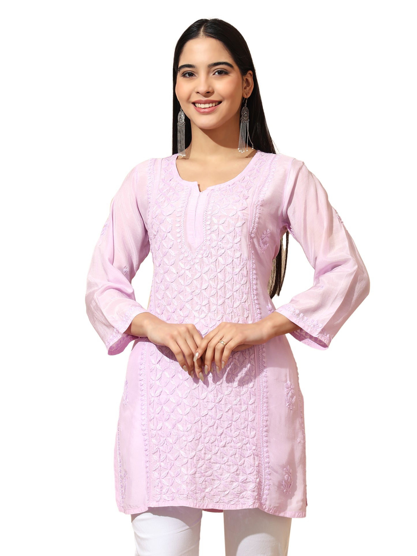 Lavender Muslin Lucknowi Chikankari Straight Kurti for Women with Hand Embroidery – Ethnic Wear Kurta