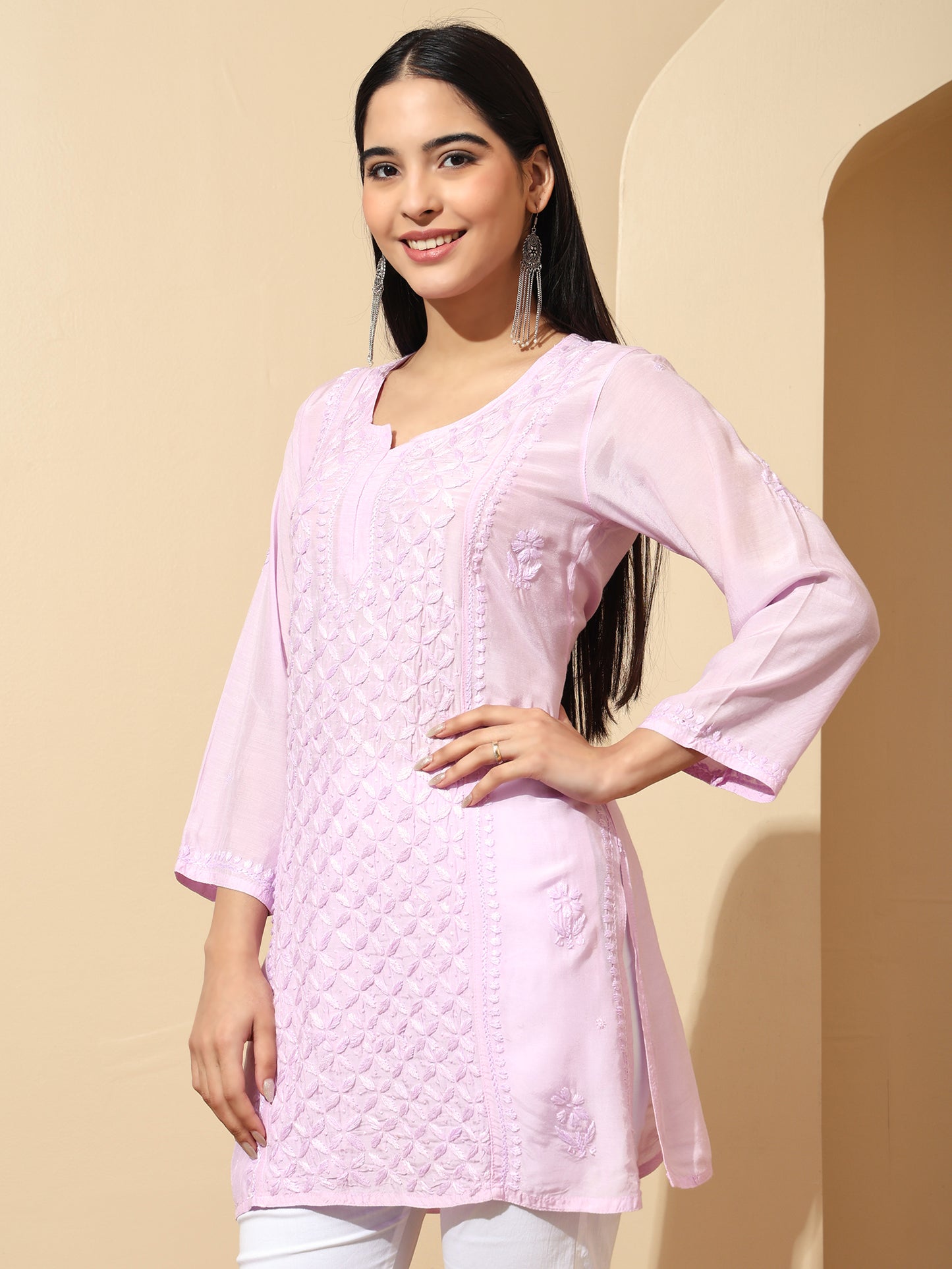 Lavender Muslin Lucknowi Chikankari Straight Kurti for Women with Hand Embroidery – Ethnic Wear Kurta