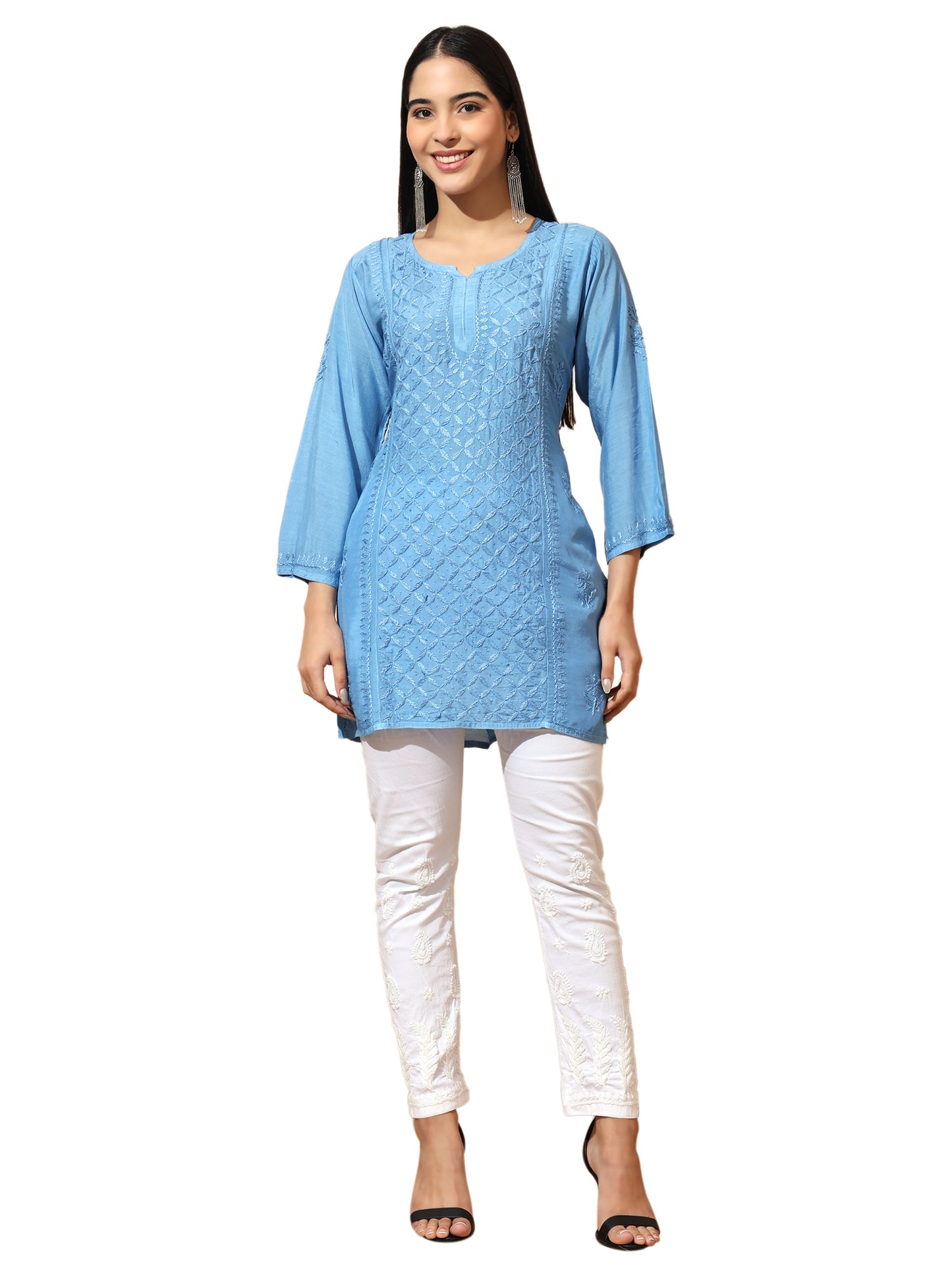 Blue Muslin Lucknowi Chikankari Straight Kurti for Women with Hand Embroidery – Ethnic Wear Kurta