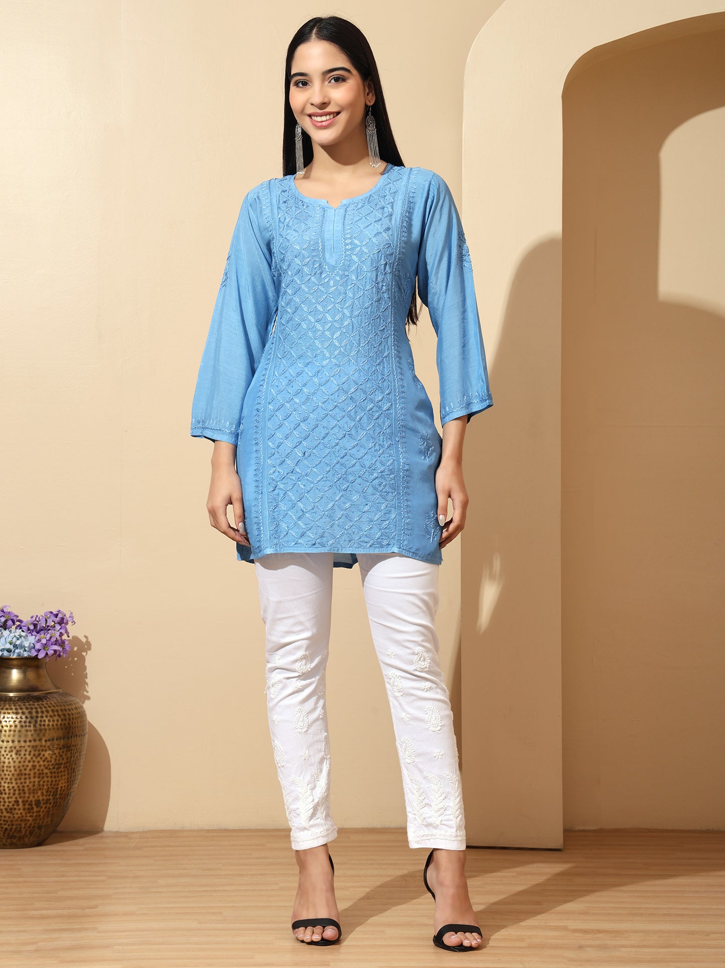Blue Muslin Lucknowi Chikankari Straight Kurti for Women with Hand Embroidery – Ethnic Wear Kurta