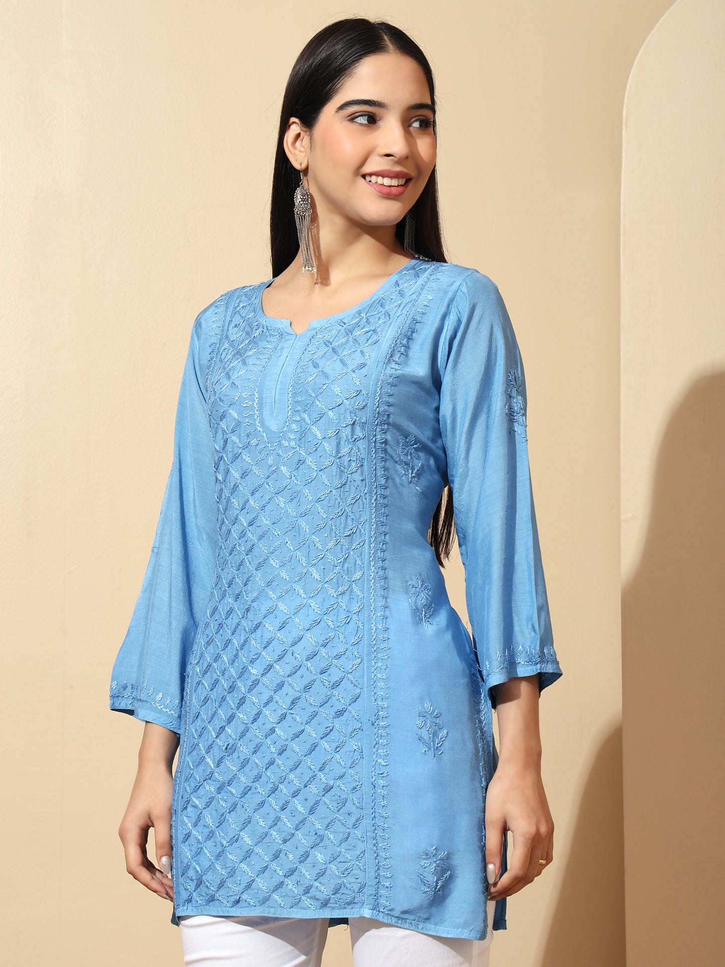 Blue Muslin Lucknowi Chikankari Straight Kurti for Women with Hand Embroidery – Ethnic Wear Kurta