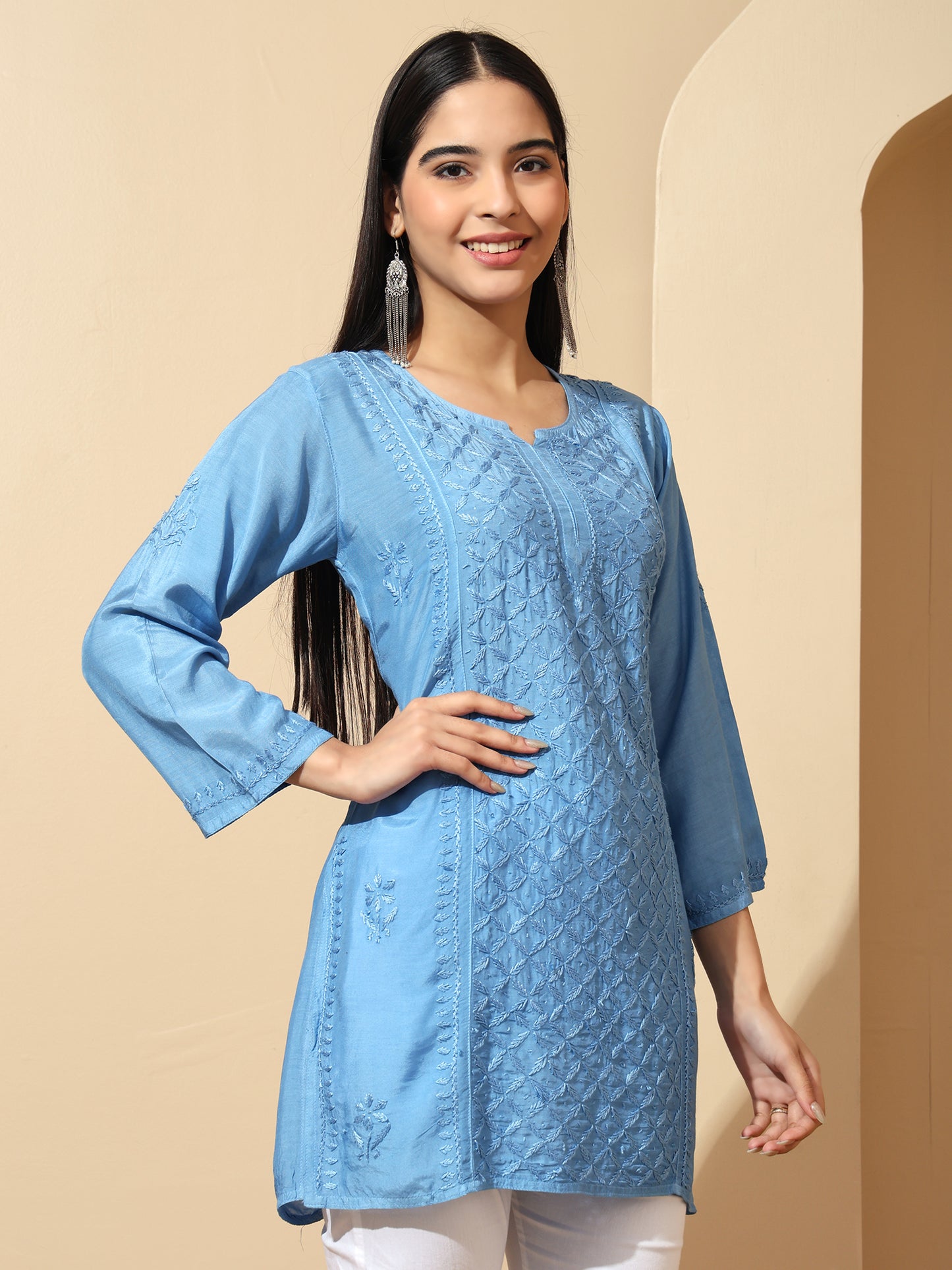 Blue Muslin Lucknowi Chikankari Straight Kurti for Women with Hand Embroidery – Ethnic Wear Kurta