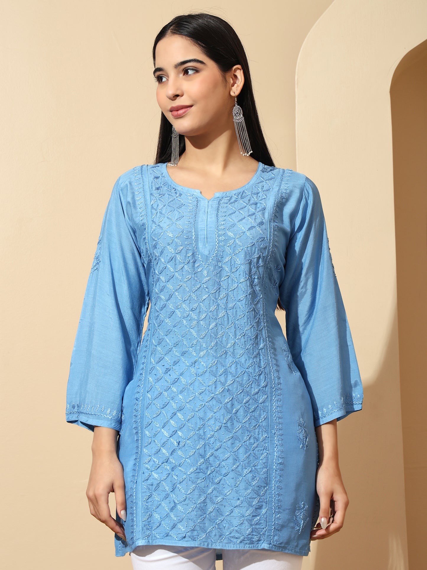 Blue Muslin Lucknowi Chikankari Straight Kurti for Women with Hand Embroidery – Ethnic Wear Kurta