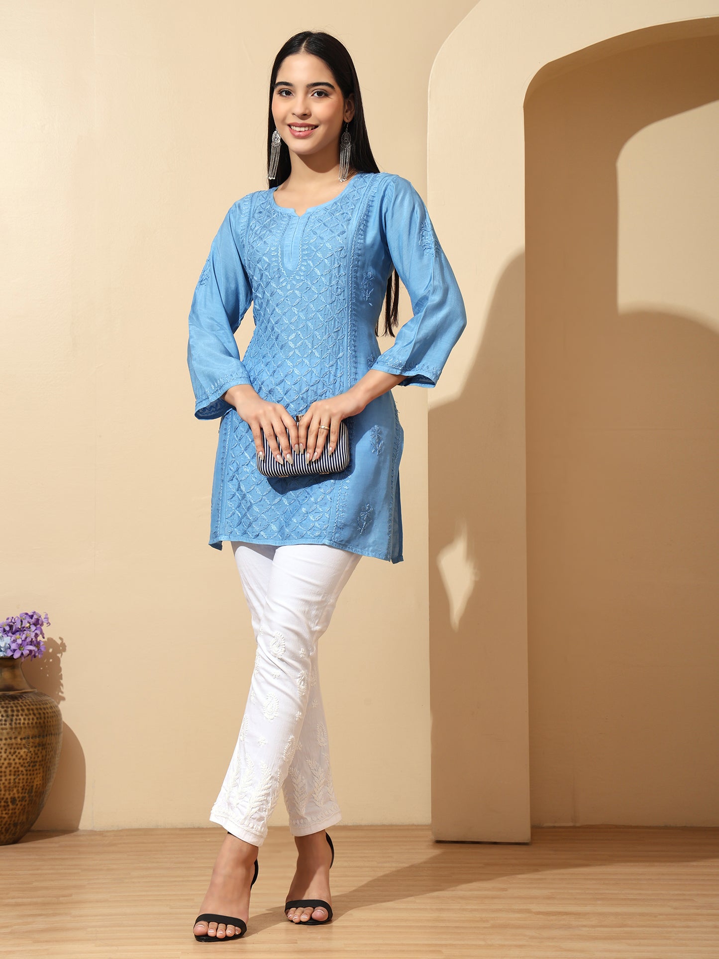 Blue Muslin Lucknowi Chikankari Straight Kurti for Women with Hand Embroidery – Ethnic Wear Kurta