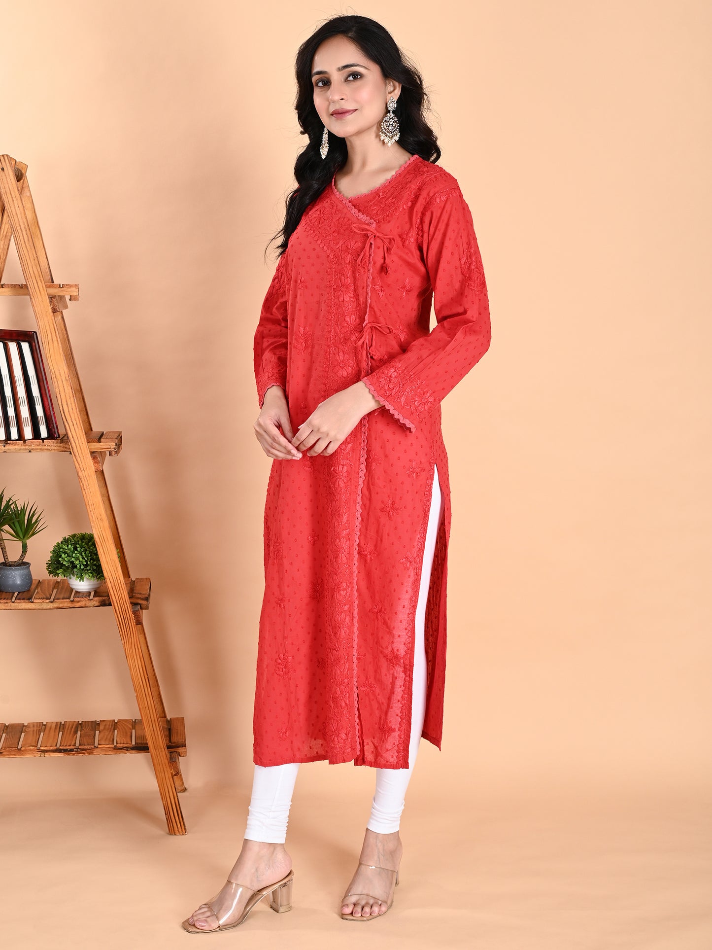 Red Cotton Lucknowi Chikankari Angarkha Kurta for Women with Hand Embroidery – Long Ethnic Daily Wear Kurti