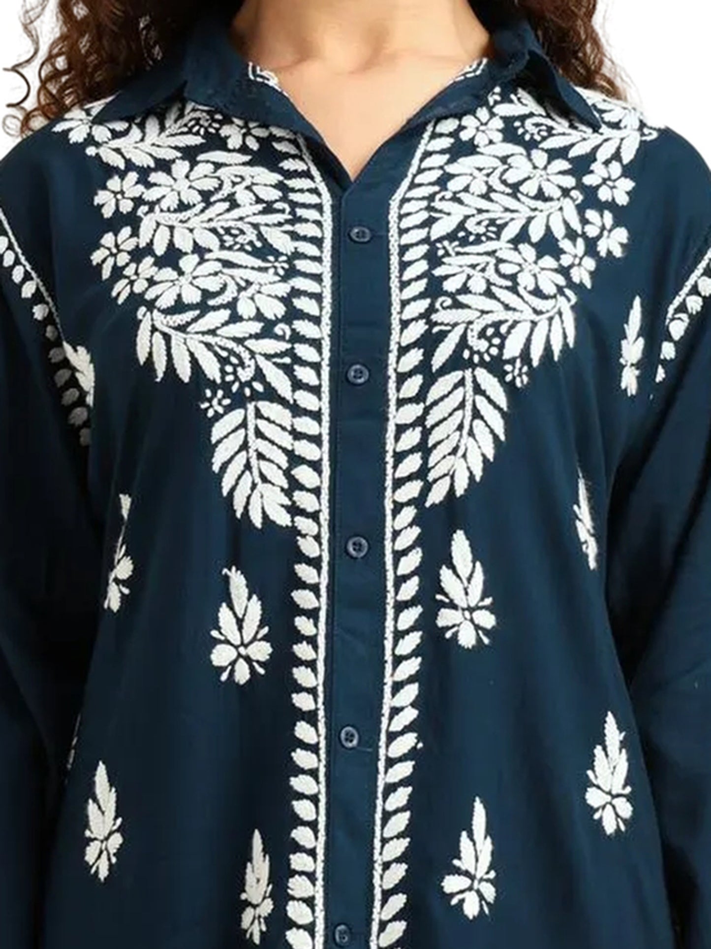 Nazaira Navy Blue Rayon Lucknowi Chikankari Shirt Style Kurti for Women with White Hand Embroidery – Ethnic Kurta Top