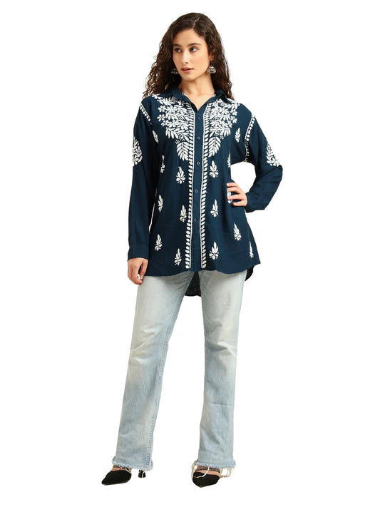 Nazaira Navy Blue Rayon Lucknowi Chikankari Shirt Style Kurti for Women with White Hand Embroidery – Ethnic Kurta Top