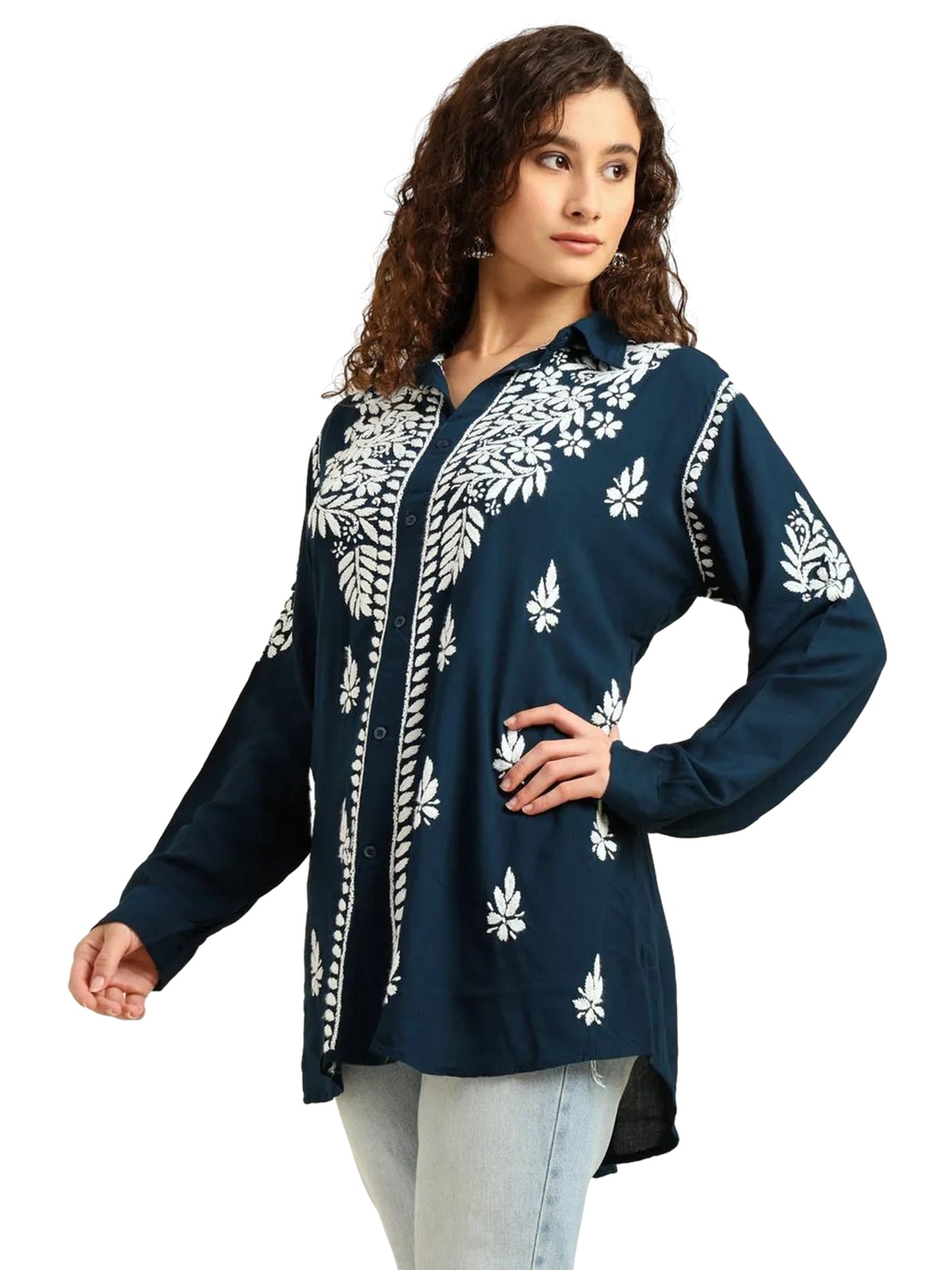 Nazaira Navy Blue Rayon Lucknowi Chikankari Shirt Style Kurti for Women with White Hand Embroidery – Ethnic Kurta Top