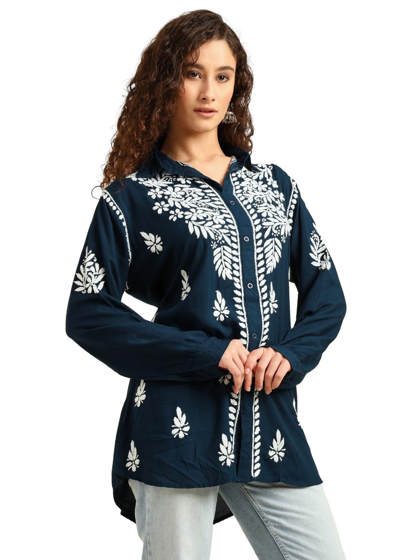 Nazaira Navy Blue Rayon Lucknowi Chikankari Shirt Style Kurti for Women with White Hand Embroidery – Ethnic Kurta Top