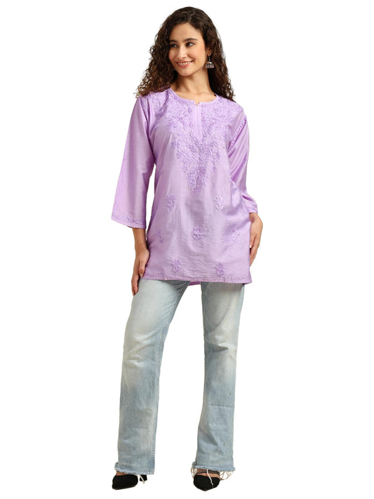 Purple Chanderi Lucknowi Chikankari Short Kurti for Women with Hand Embroidery – Daily Wear Ethnic Kurta