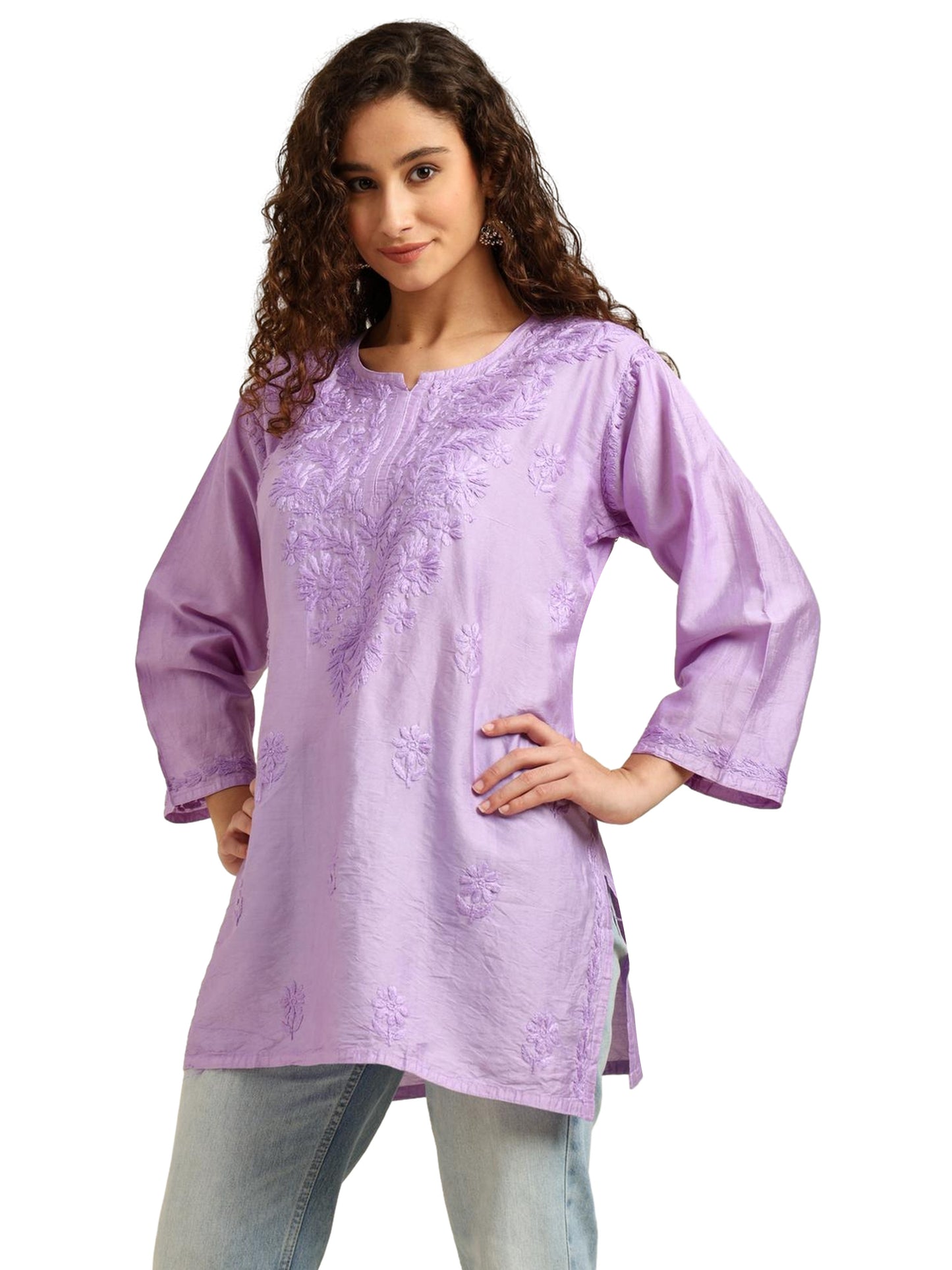 Purple Chanderi Lucknowi Chikankari Short Kurti for Women with Hand Embroidery – Daily Wear Ethnic Kurta