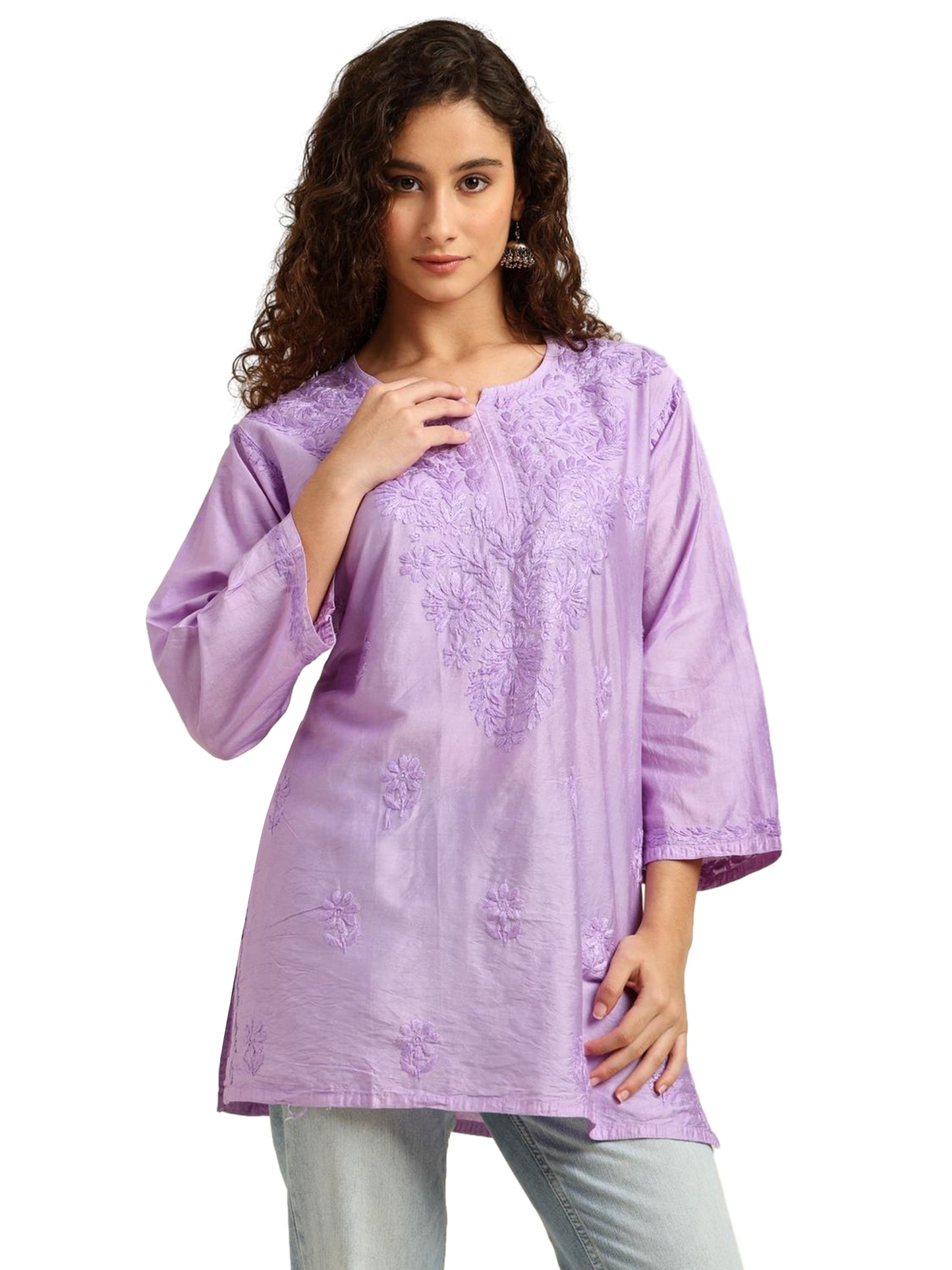 Purple Chanderi Lucknowi Chikankari Short Kurti for Women with Hand Embroidery – Daily Wear Ethnic Kurta