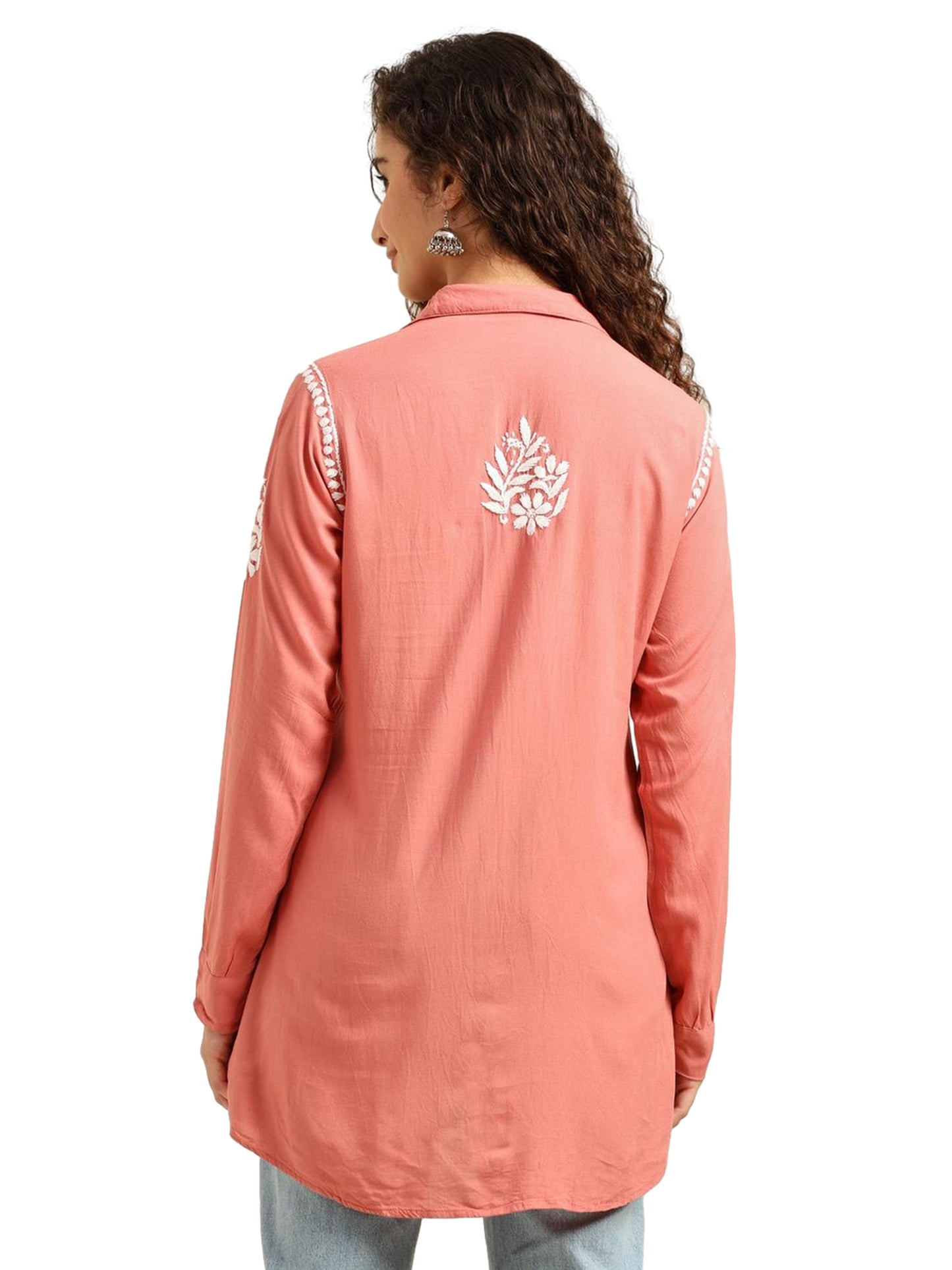 Peach Rayon Lucknowi Chikankari Shirt Style Kurti for Women with Hand Embroidery – Ethnic Kurta Top