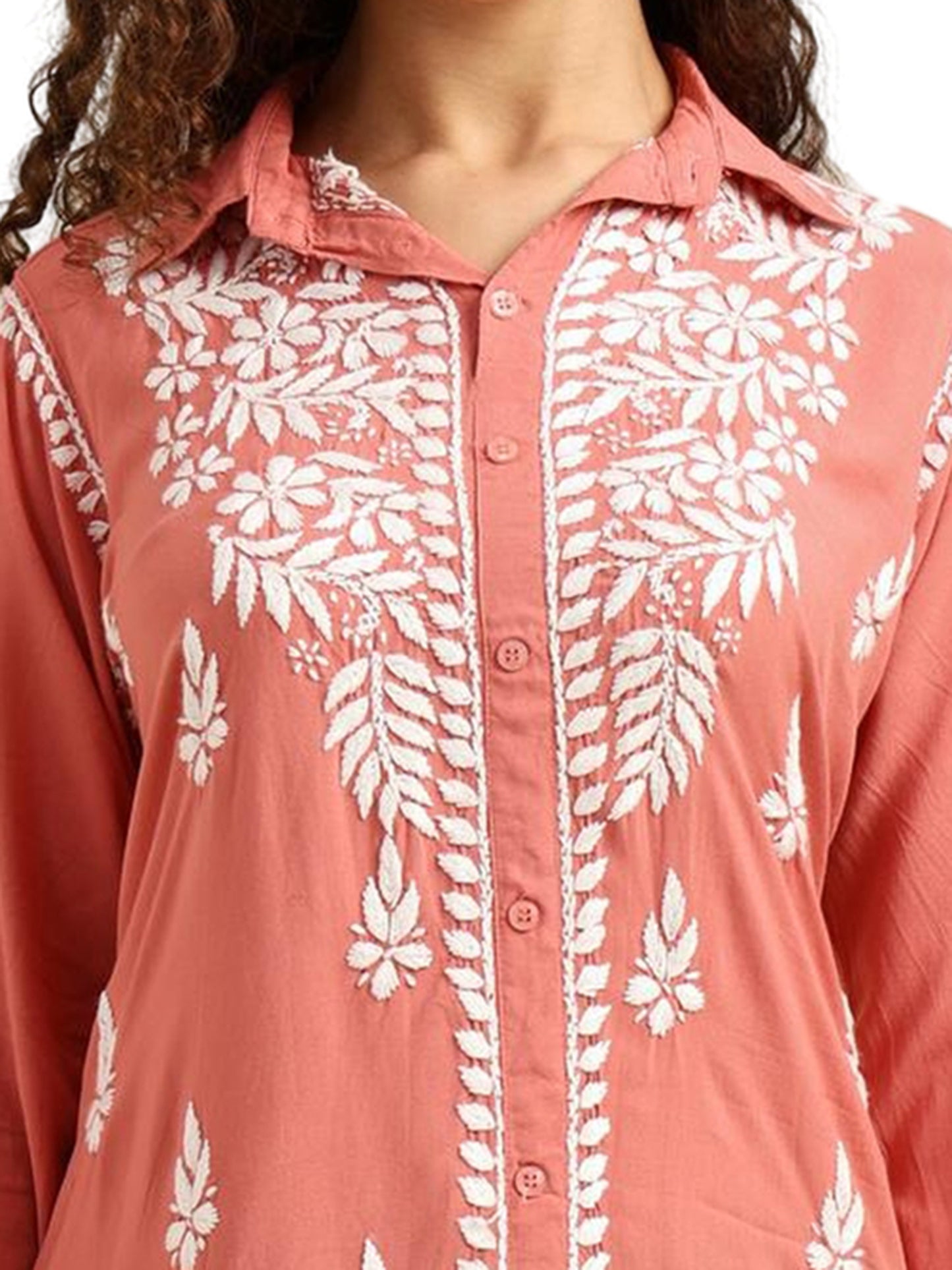 Peach Rayon Lucknowi Chikankari Shirt Style Kurti for Women with Hand Embroidery – Ethnic Kurta Top