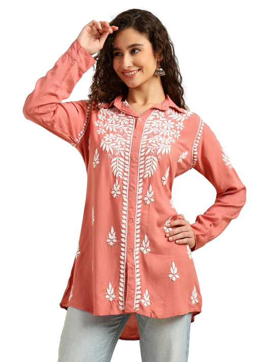 Peach Rayon Lucknowi Chikankari Shirt Style Kurti for Women with Hand Embroidery – Ethnic Kurta Top