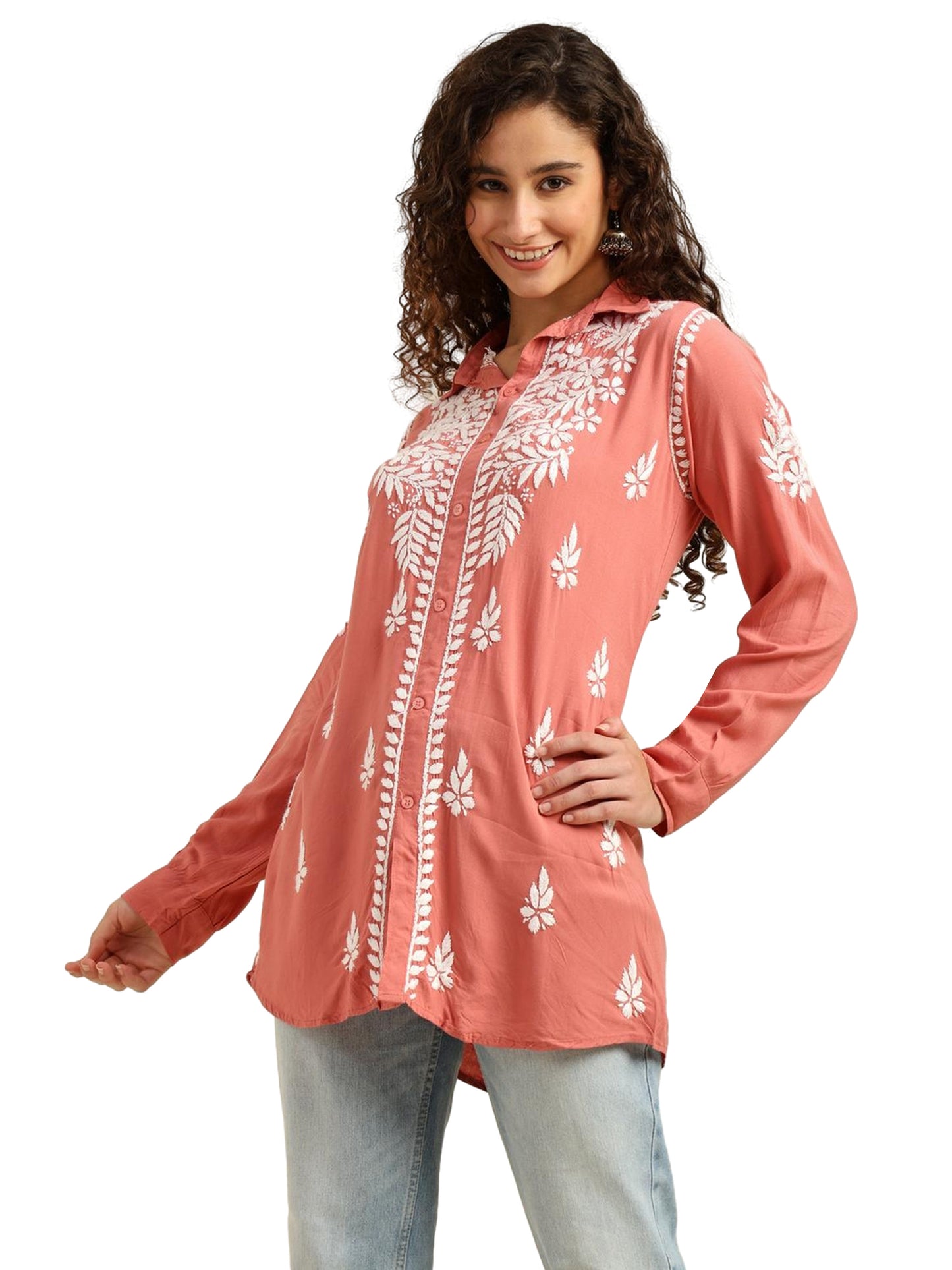 Peach Rayon Lucknowi Chikankari Shirt Style Kurti for Women with Hand Embroidery – Ethnic Kurta Top