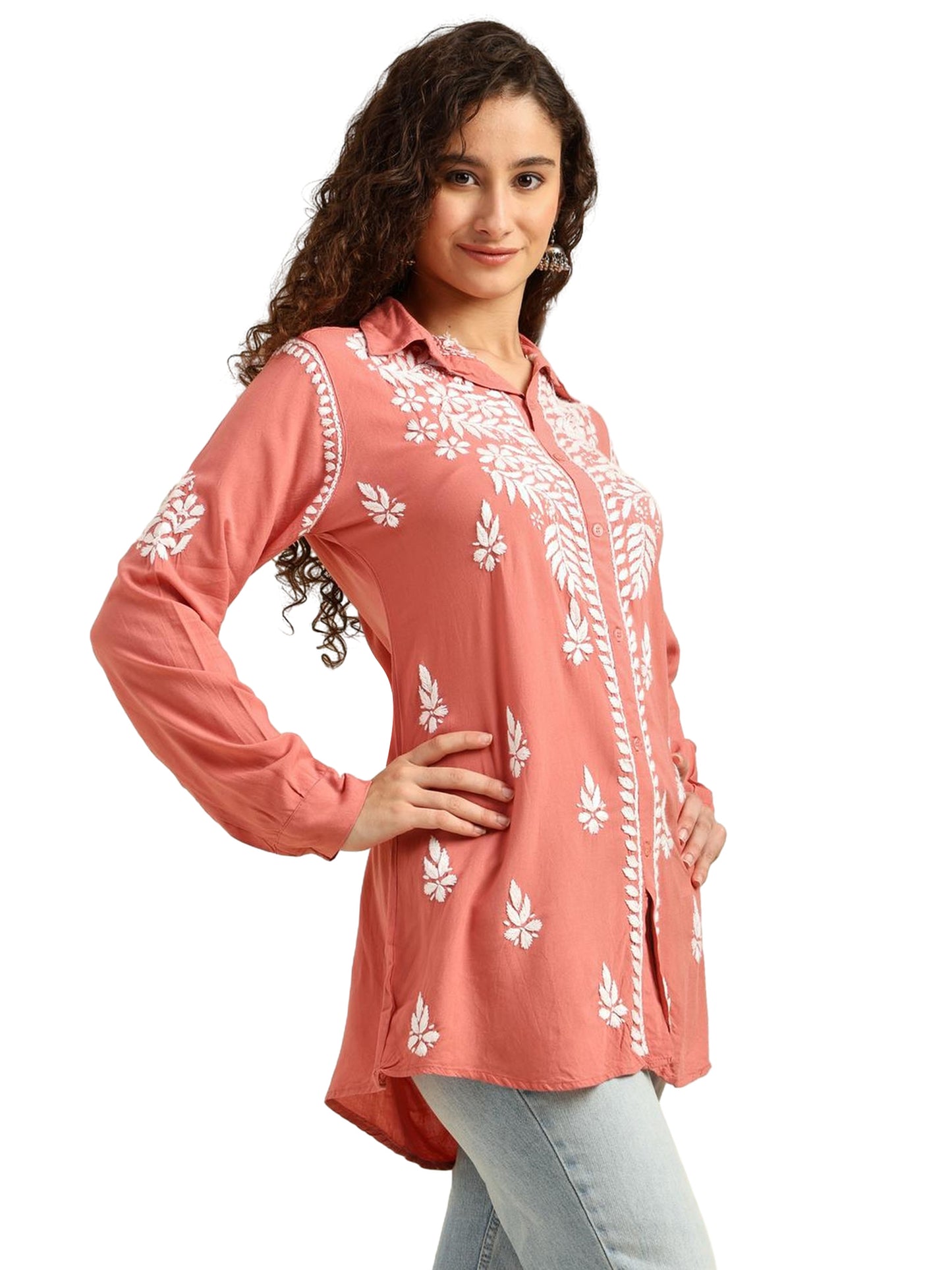 Peach Rayon Lucknowi Chikankari Shirt Style Kurti for Women with Hand Embroidery – Ethnic Kurta Top