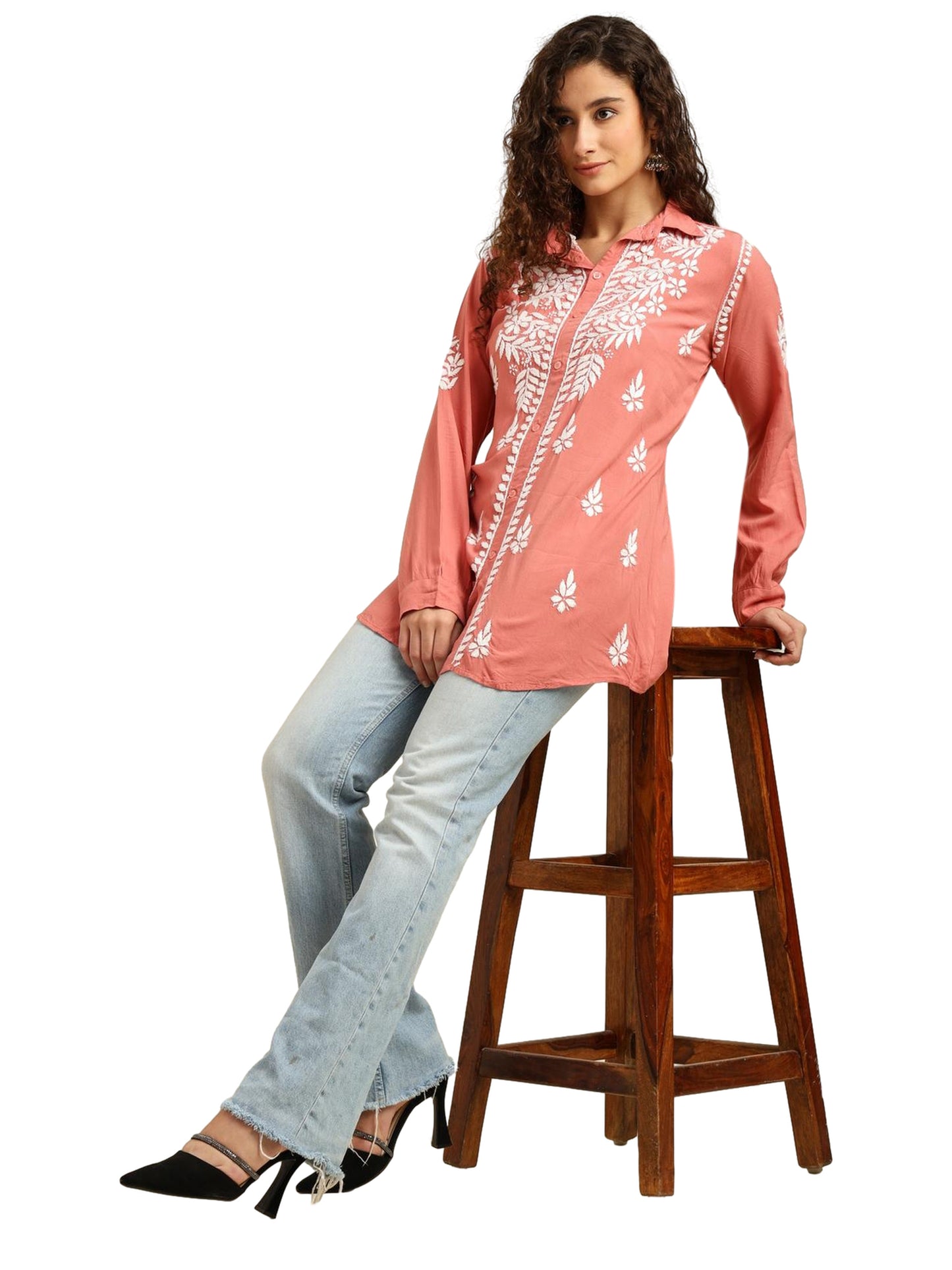 Peach Rayon Lucknowi Chikankari Shirt Style Kurti for Women with Hand Embroidery – Ethnic Kurta Top