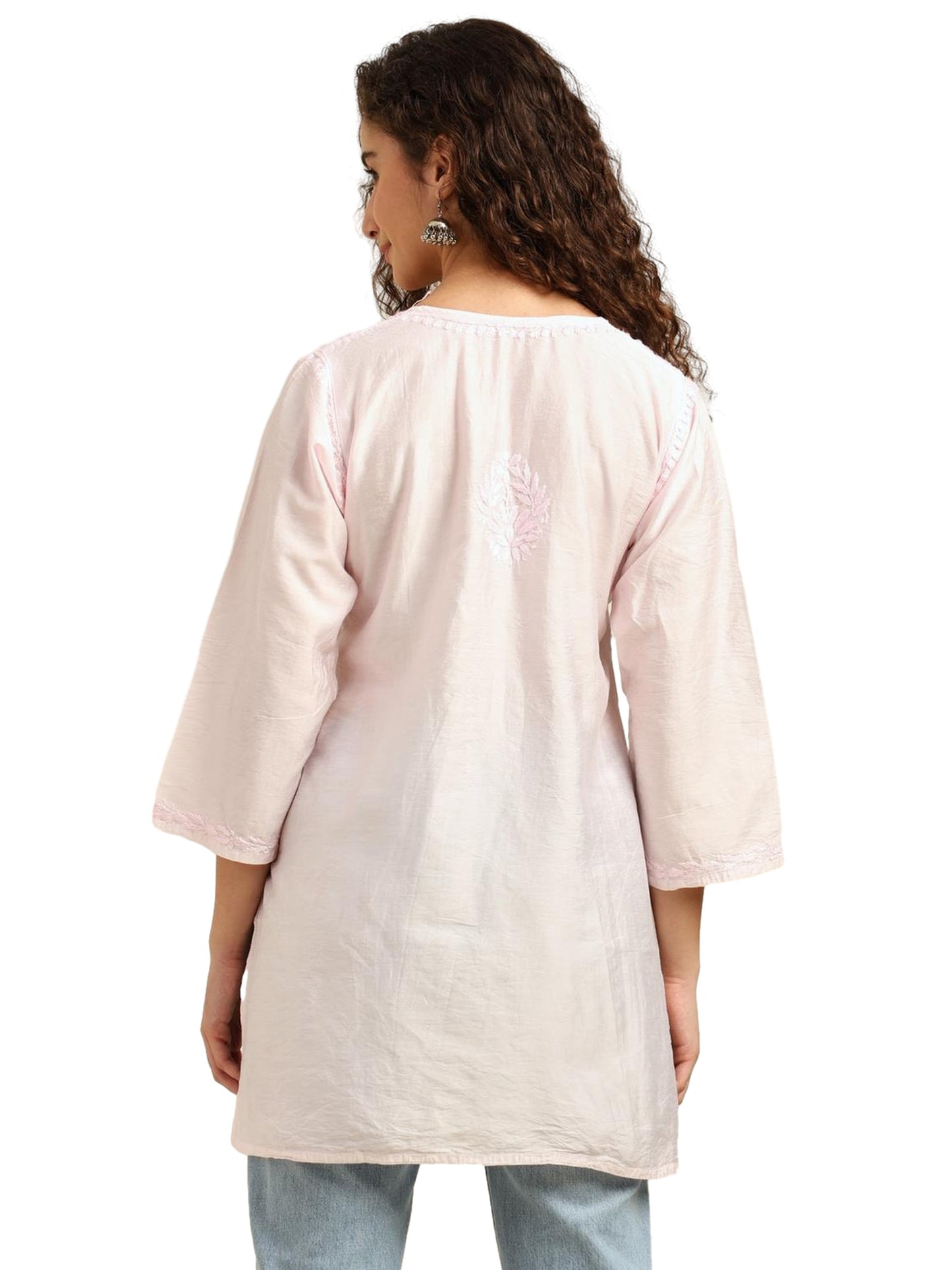 Pink Chanderi Lucknowi Chikankari Short Kurti for Women with Hand Embroidery – Daily Wear Ethnic Kurta