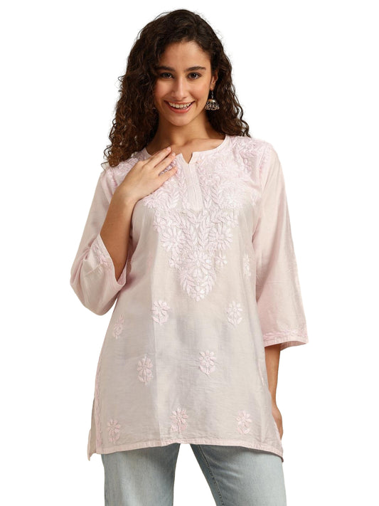 Pink Chanderi Lucknowi Chikankari Short Kurti for Women with Hand Embroidery – Daily Wear Ethnic Kurta