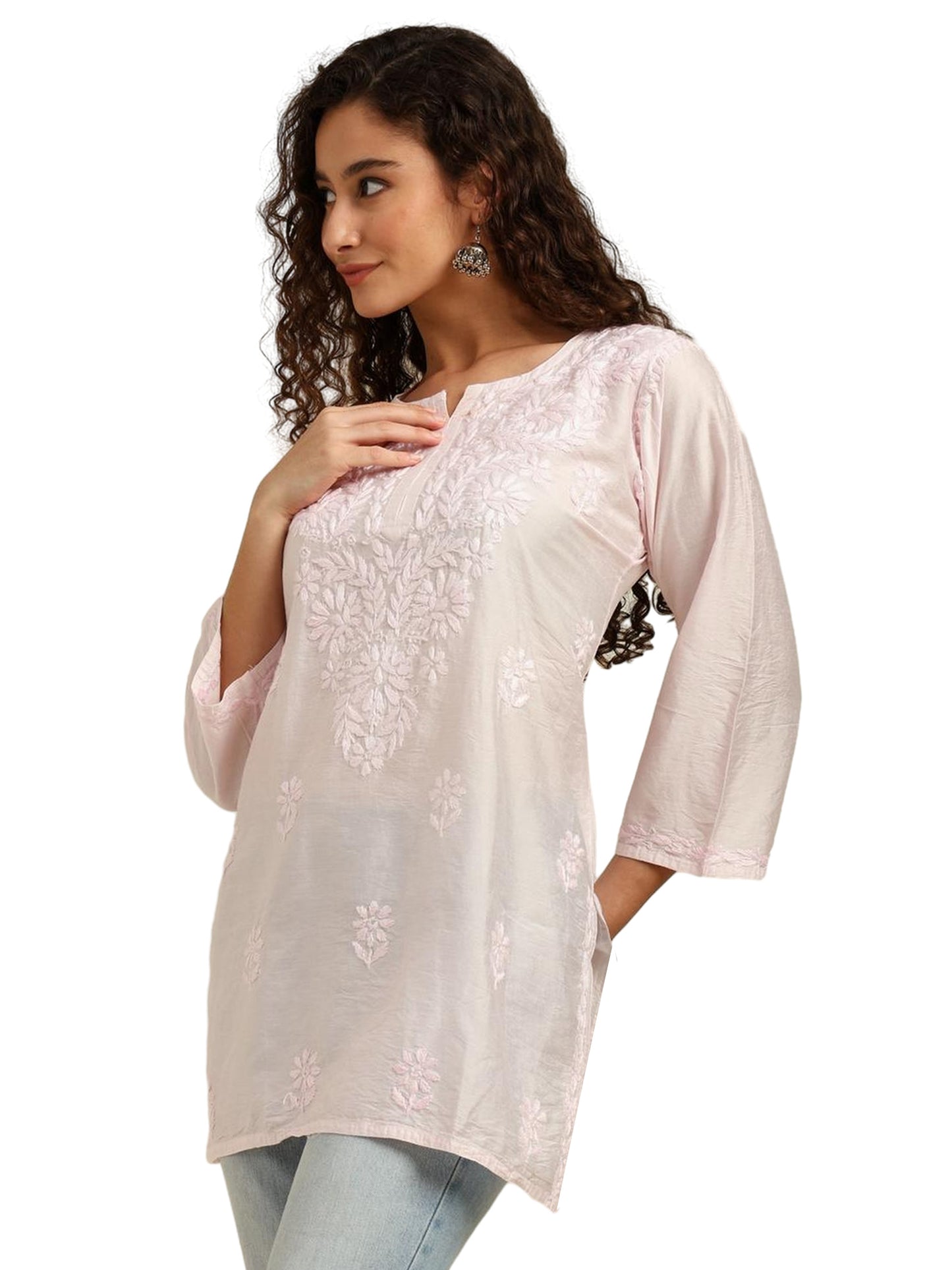 Pink Chanderi Lucknowi Chikankari Short Kurti for Women with Hand Embroidery – Daily Wear Ethnic Kurta