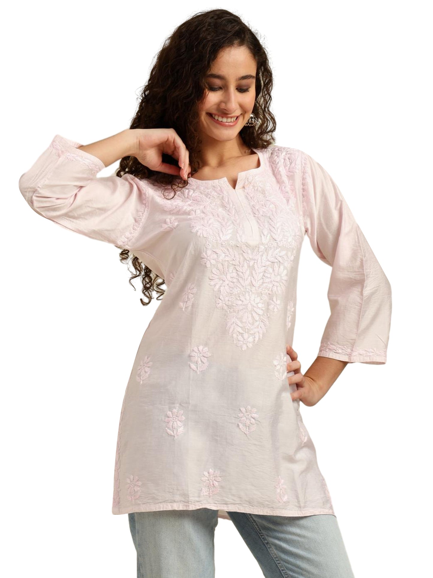 Pink Chanderi Lucknowi Chikankari Short Kurti for Women with Hand Embroidery – Daily Wear Ethnic Kurta