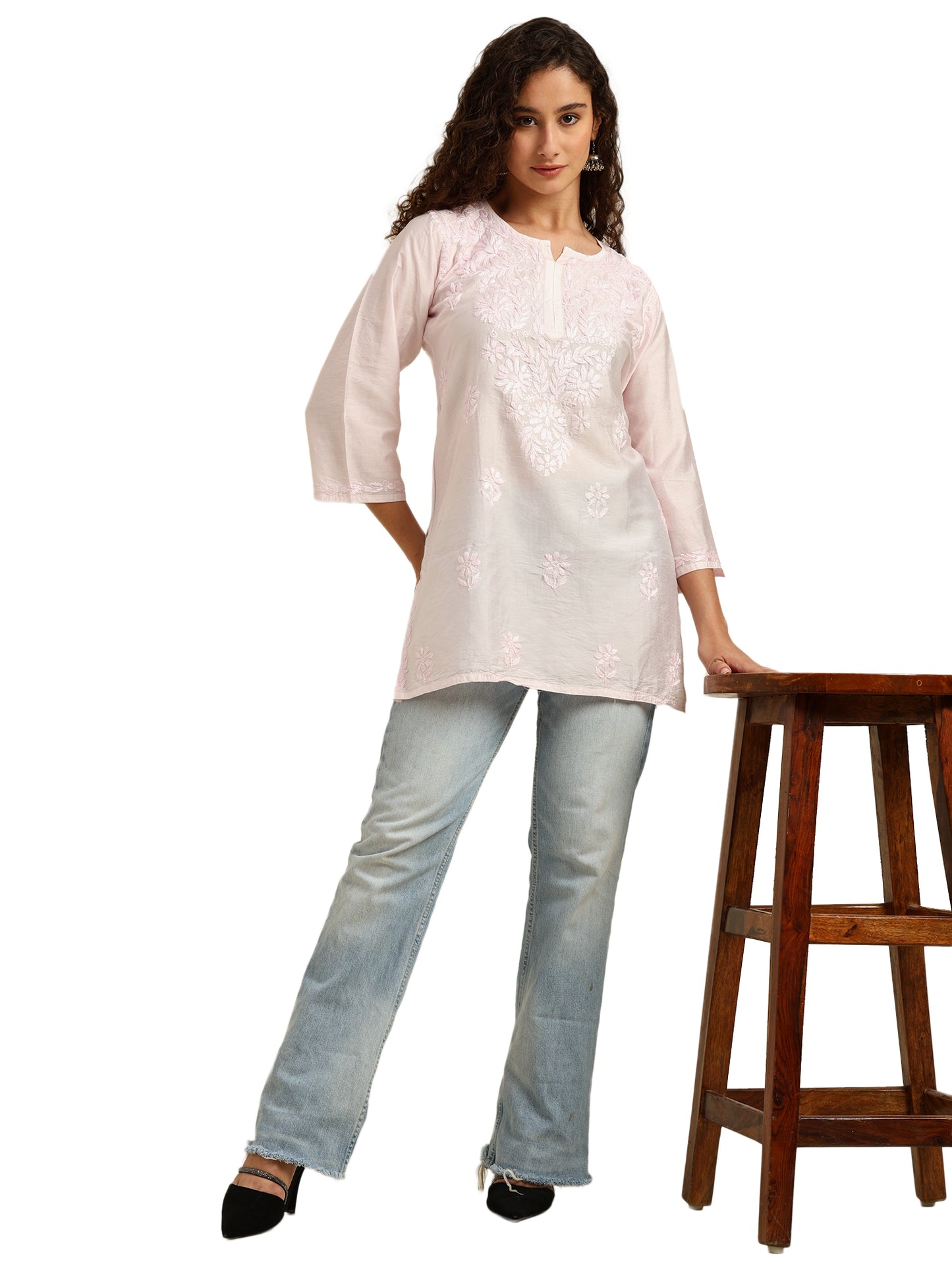 Pink Chanderi Lucknowi Chikankari Short Kurti for Women with Hand Embroidery – Daily Wear Ethnic Kurta