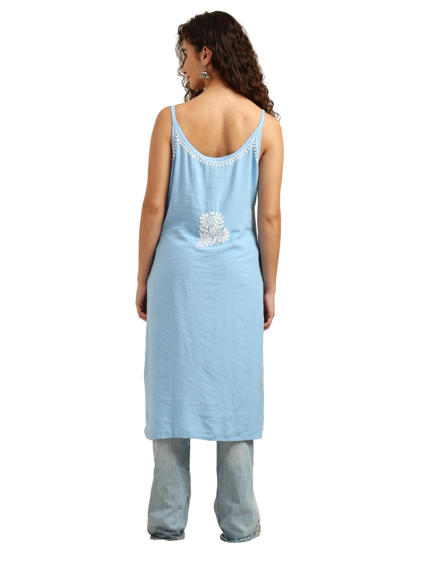 Blue Rayon Lucknowi Chikankari Sleeveless Kurti for Women with Hand Embroidery – Casual Ethnic Kurta