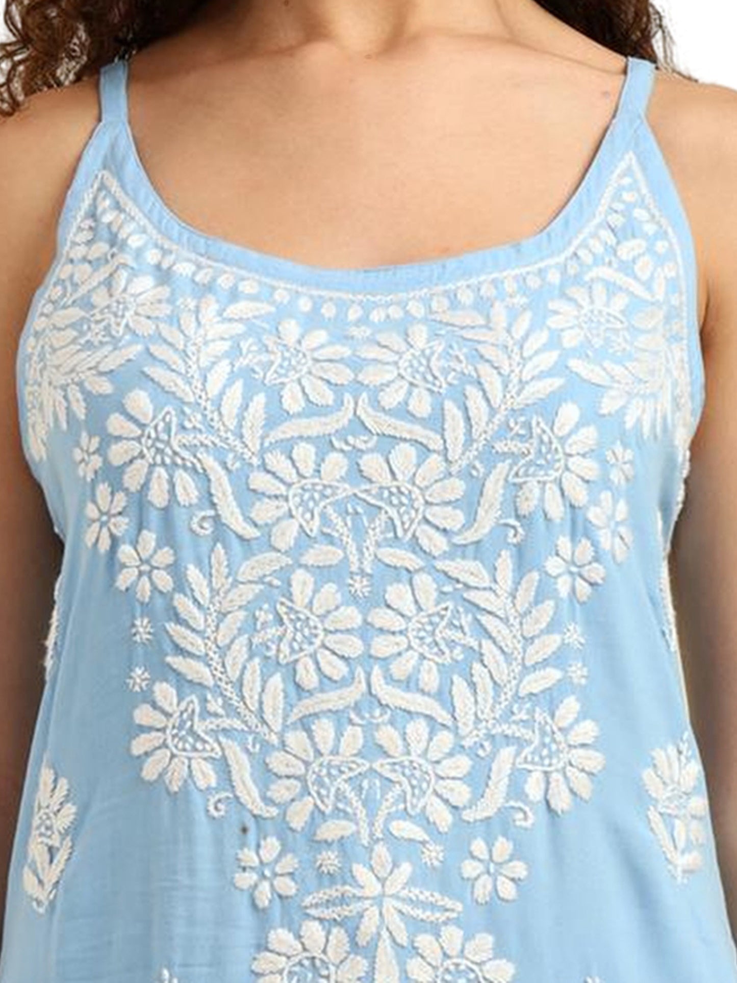 Blue Rayon Lucknowi Chikankari Sleeveless Kurti for Women with Hand Embroidery – Casual Ethnic Kurta