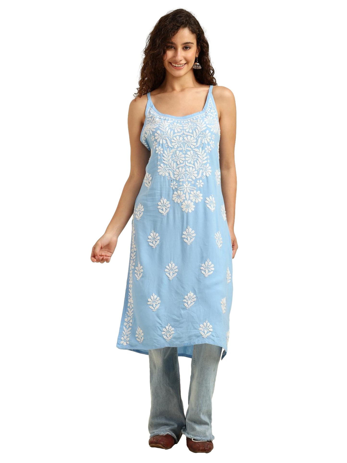 Blue Rayon Lucknowi Chikankari Sleeveless Kurti for Women with Hand Embroidery – Casual Ethnic Kurta