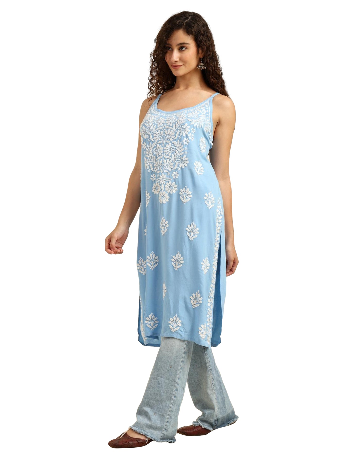 Blue Rayon Lucknowi Chikankari Sleeveless Kurti for Women with Hand Embroidery – Casual Ethnic Kurta