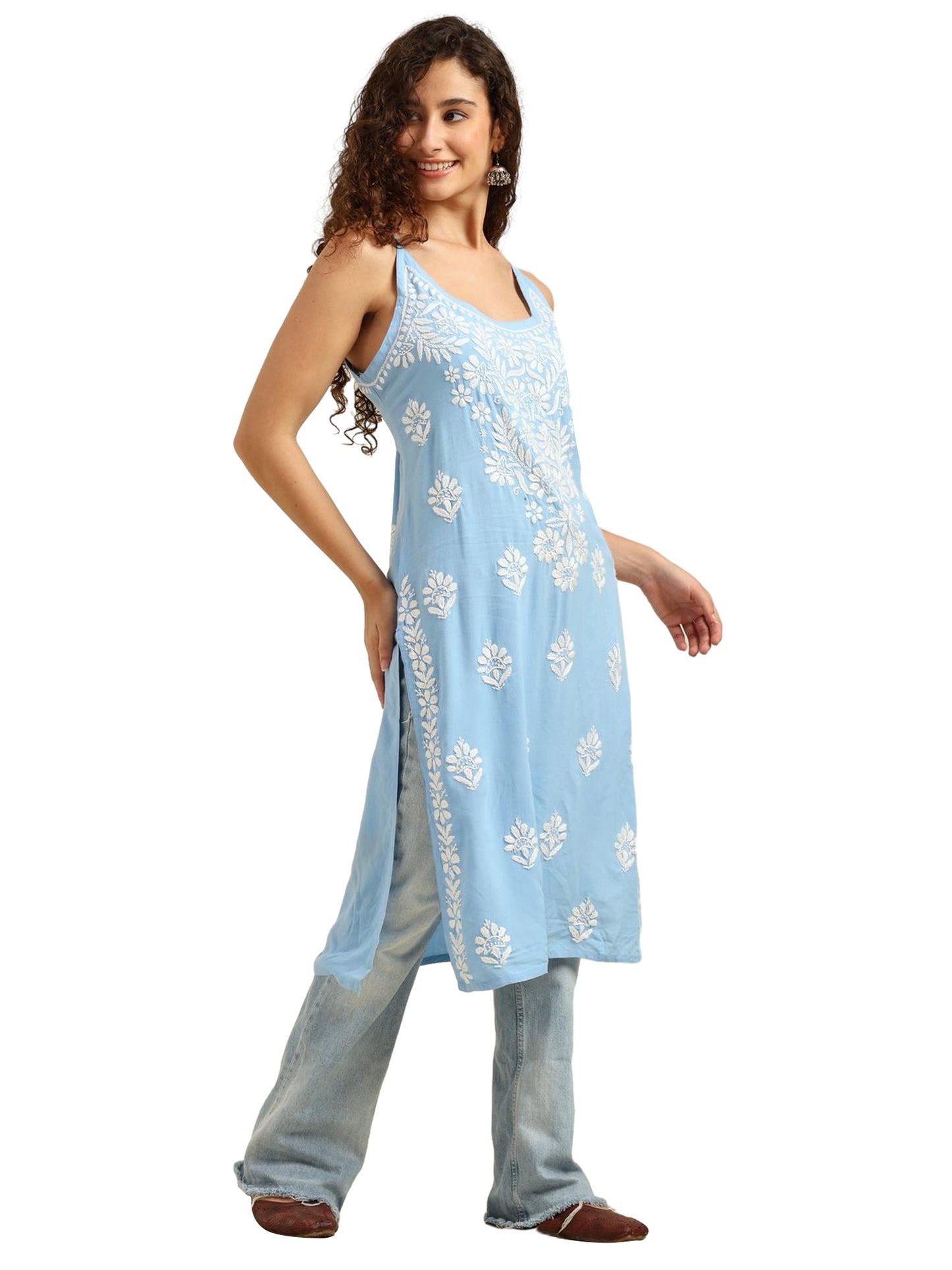 Blue Rayon Lucknowi Chikankari Sleeveless Kurti for Women with Hand Embroidery – Casual Ethnic Kurta