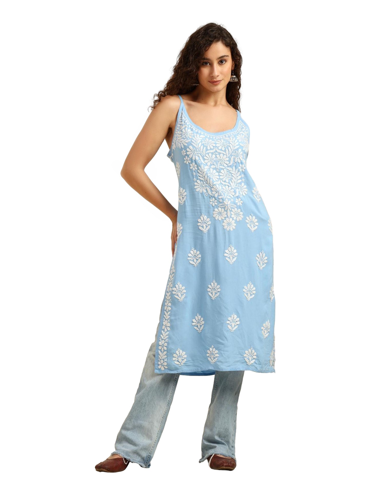 Blue Rayon Lucknowi Chikankari Sleeveless Kurti for Women with Hand Embroidery – Casual Ethnic Kurta