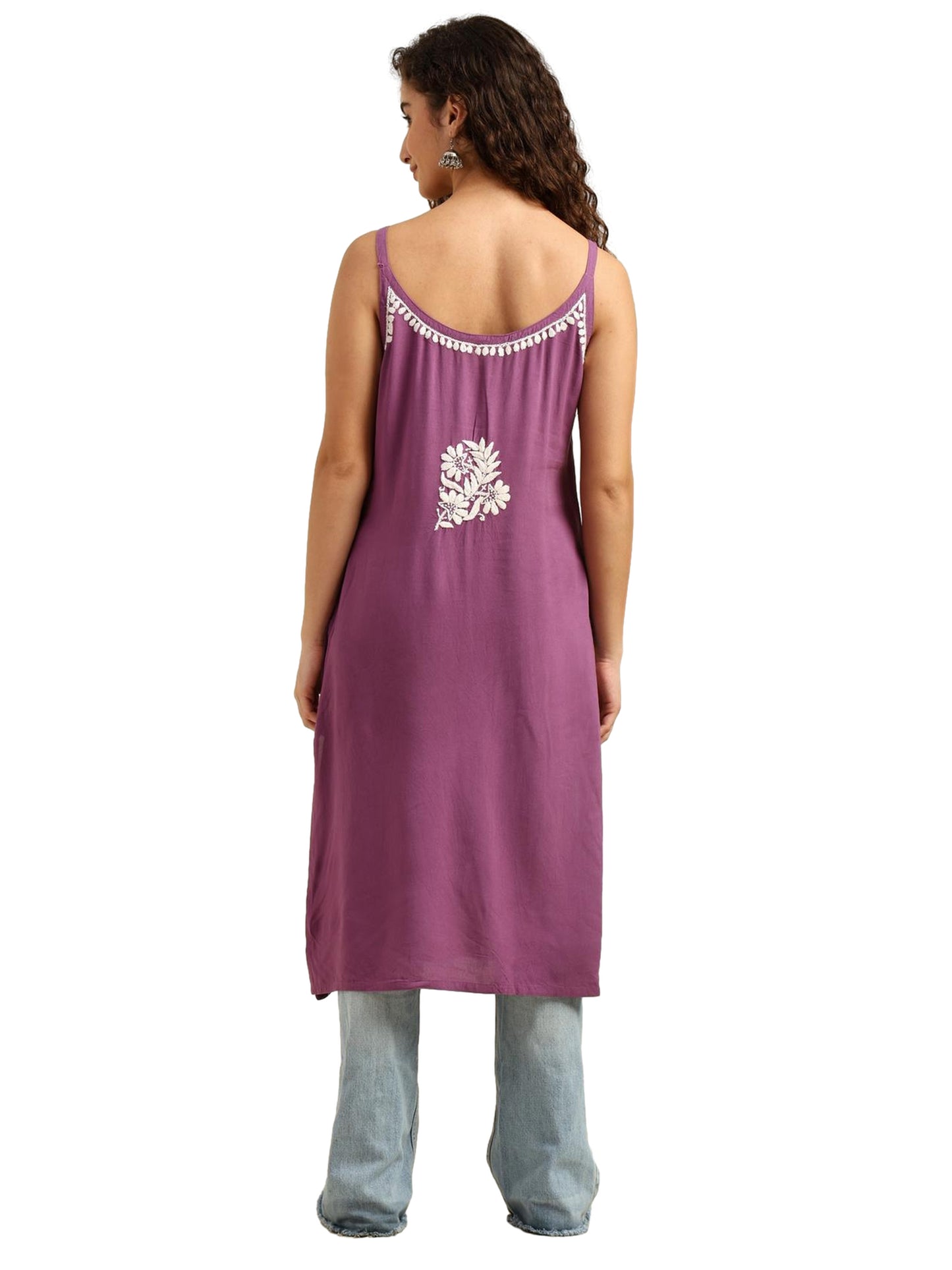 Purple Rayon Lucknowi Chikankari Sleeveless Kurti for Women with Hand Embroidery – Ethnic Casual Kurta