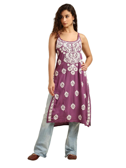 Purple Rayon Lucknowi Chikankari Sleeveless Kurti for Women with Hand Embroidery – Ethnic Casual Kurta