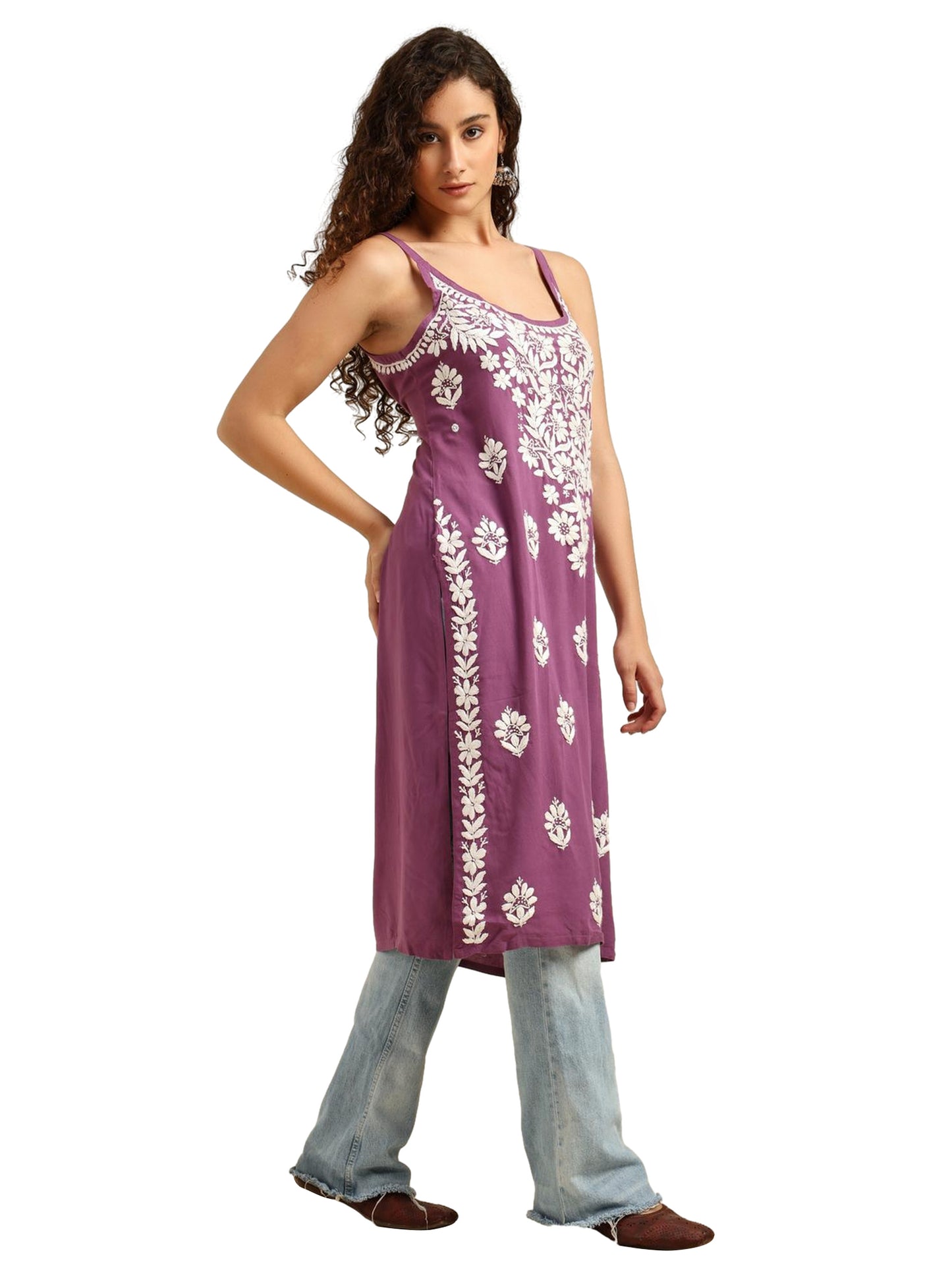 Purple Rayon Lucknowi Chikankari Sleeveless Kurti for Women with Hand Embroidery – Ethnic Casual Kurta