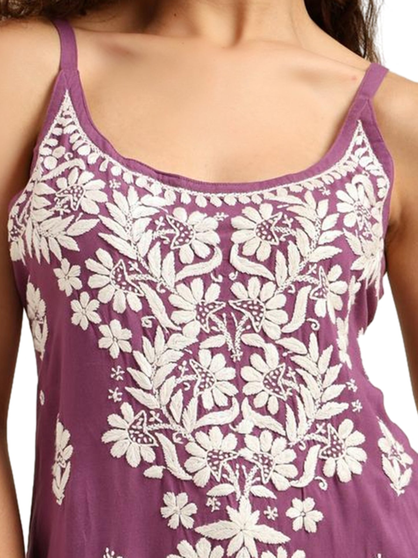 Purple Rayon Lucknowi Chikankari Sleeveless Kurti for Women with Hand Embroidery – Ethnic Casual Kurta