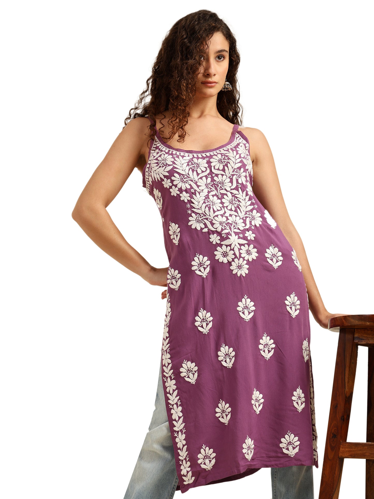 Purple Rayon Lucknowi Chikankari Sleeveless Kurti for Women with Hand Embroidery – Ethnic Casual Kurta