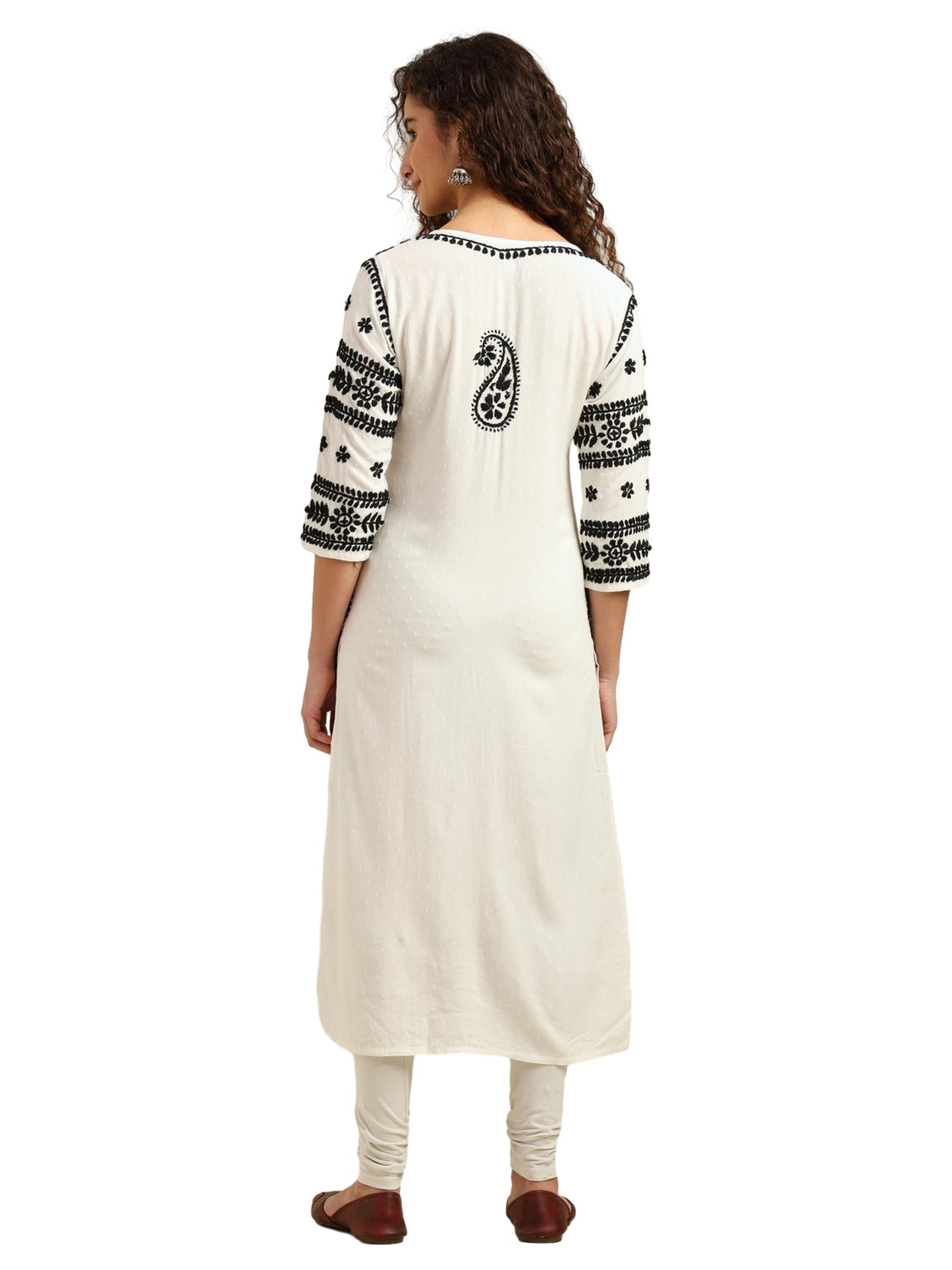 Nazaira White Rayon Lucknowi Chikankari Kurti for Women with Black Hand Embroidery – Long Ethnic Kurta