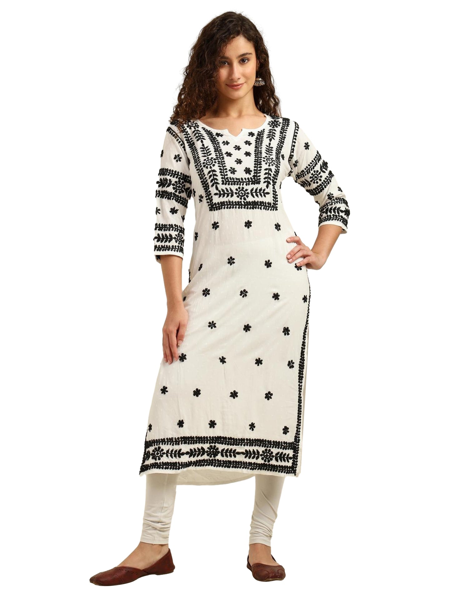 Nazaira White Rayon Lucknowi Chikankari Kurti for Women with Black Hand Embroidery – Long Ethnic Kurta