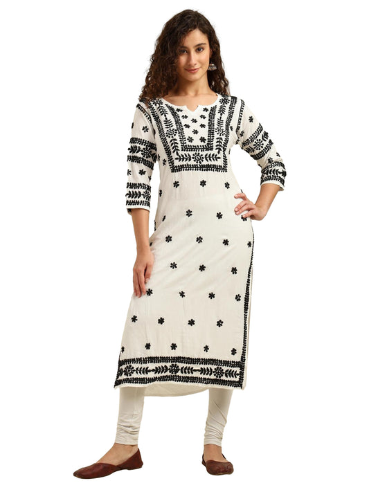 Nazaira White Rayon Lucknowi Chikankari Kurti for Women with Black Hand Embroidery – Long Ethnic Kurta